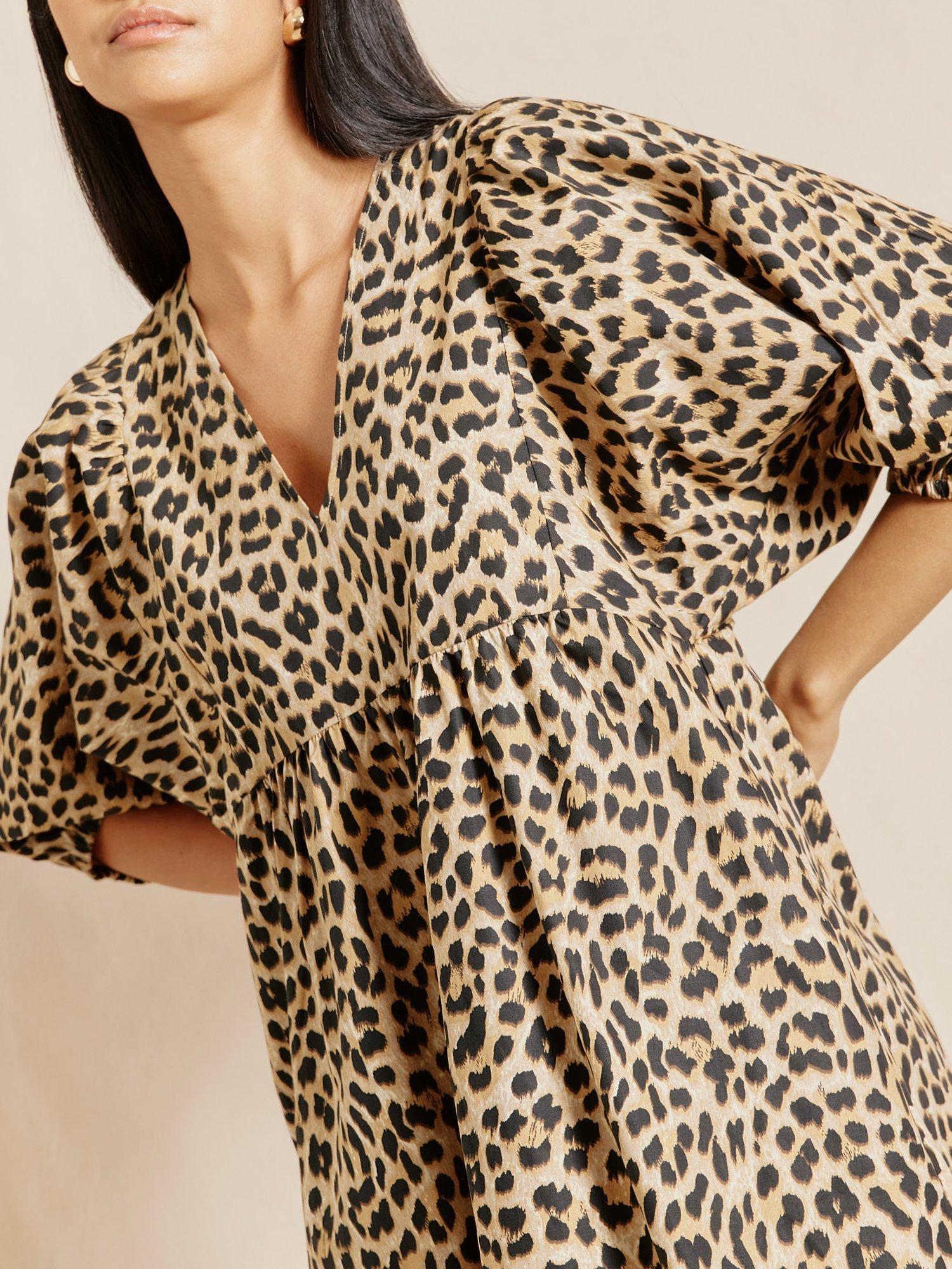 Product image 3 of 4, which shows Albaray Animal Print V-Neck Organic Cotton Dress, Brown, 12