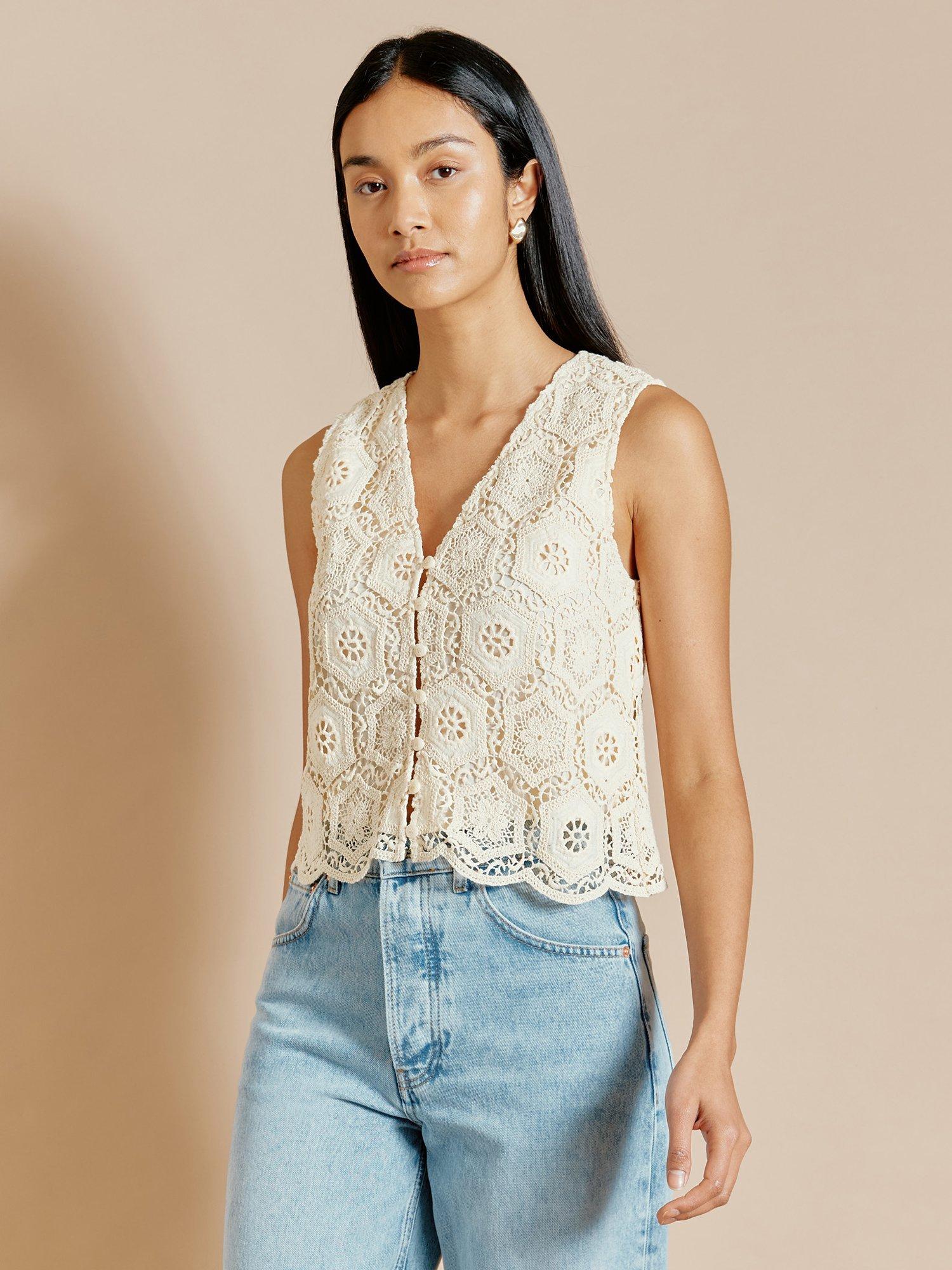 Albaray Cropped Crochet Button Through Top, Cream