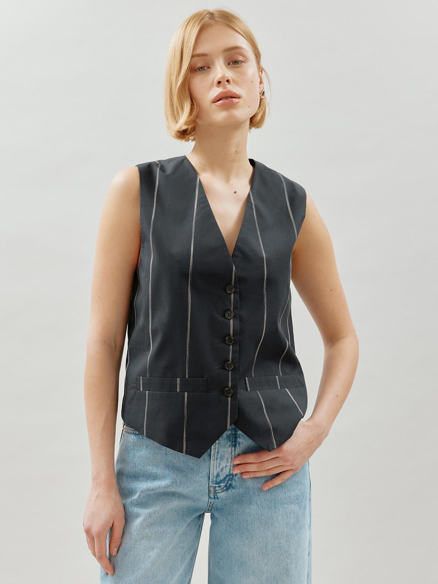 Albaray Striped Cotton Waistcoat Top, Black