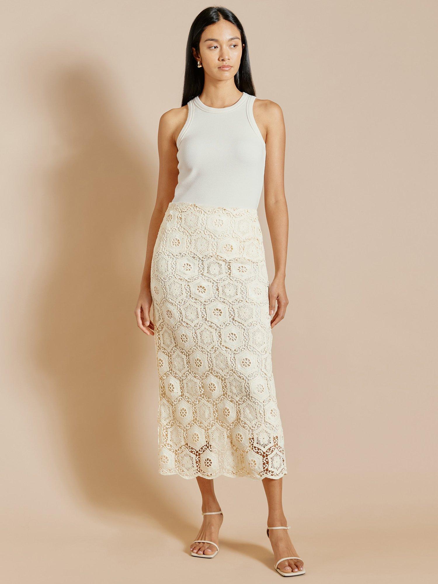 Albaray Crochet Column Midi Skirt, Cream, 8