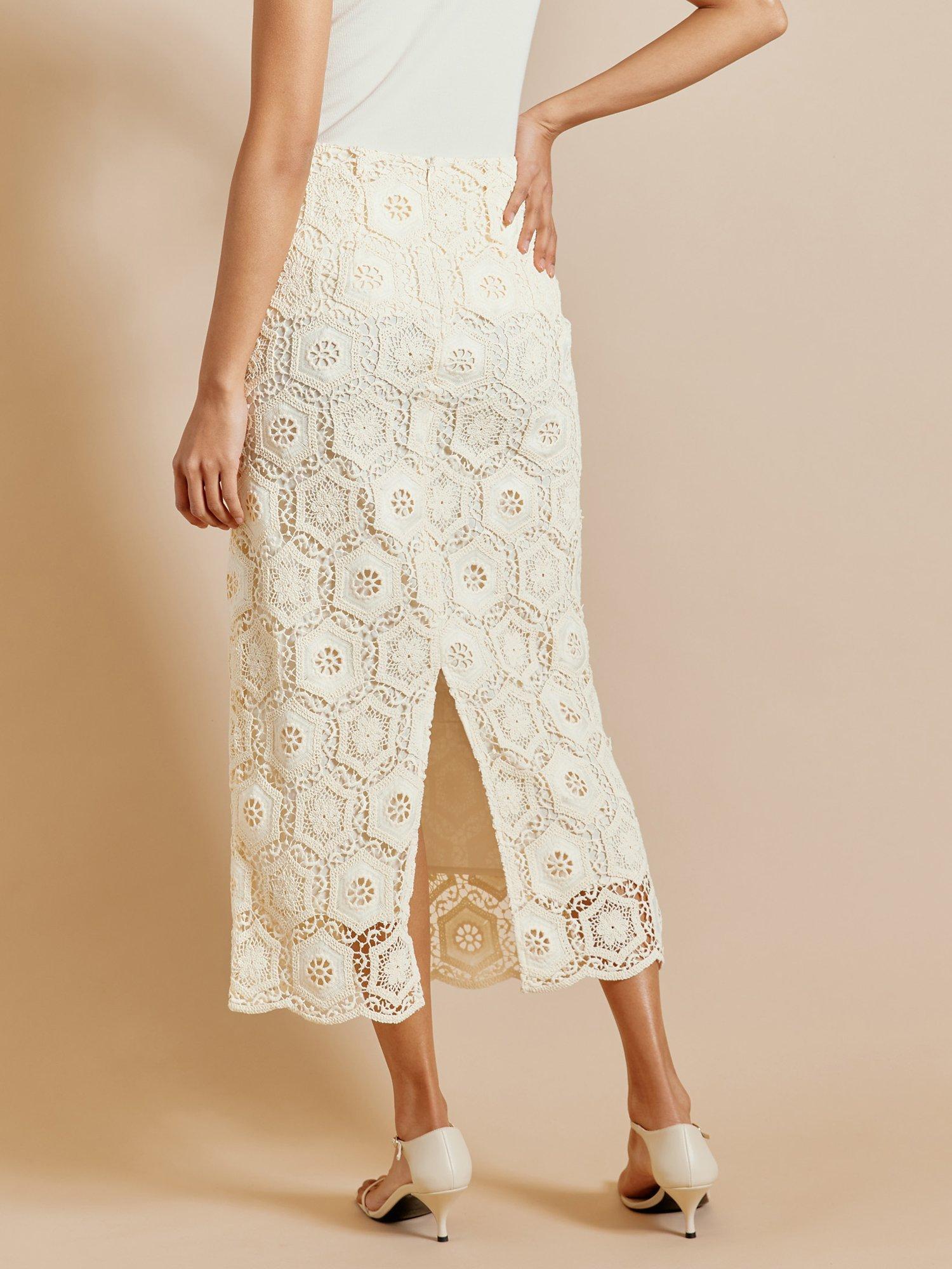 Albaray Crochet Column Midi Skirt, Cream, 8