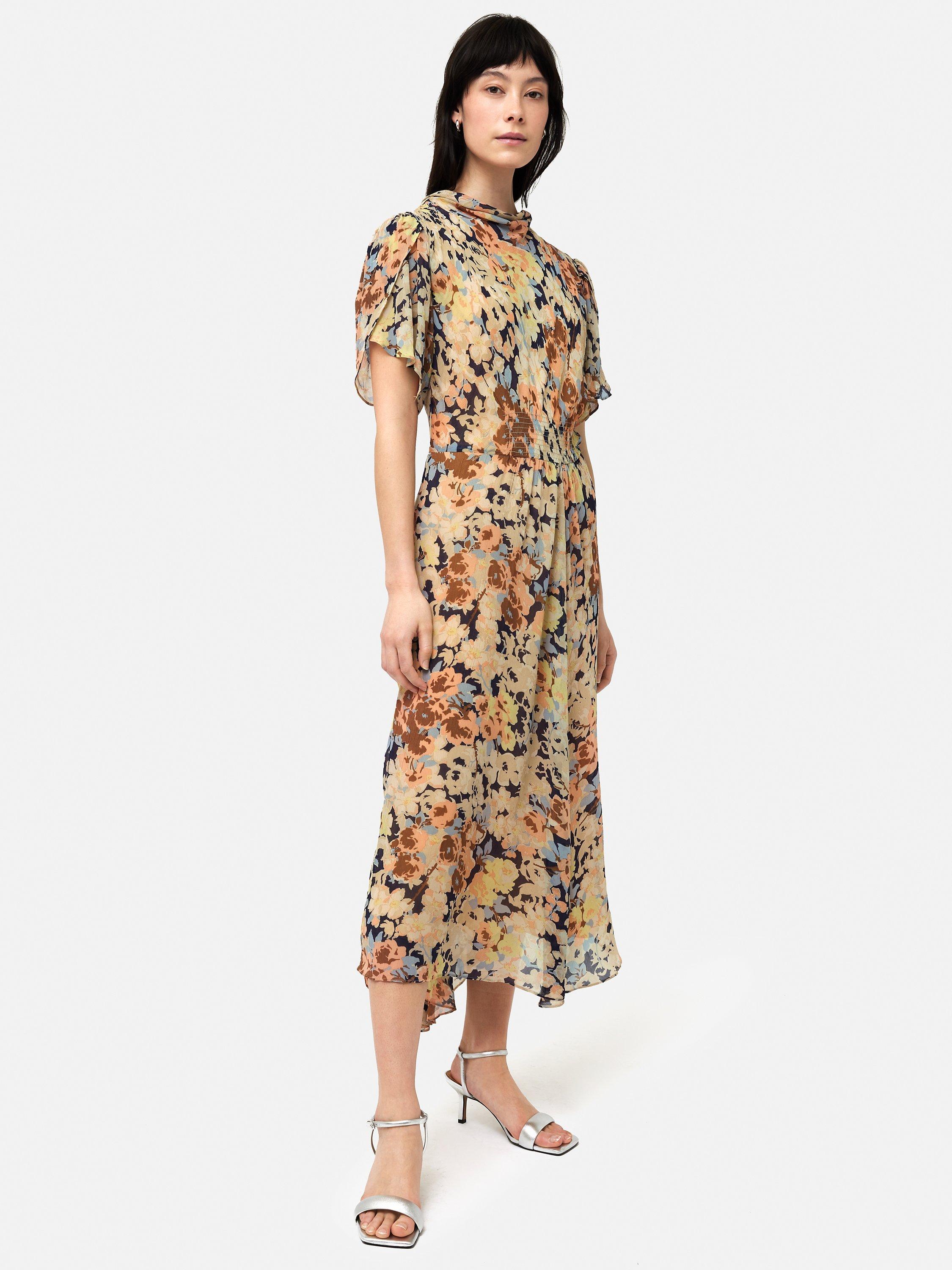 Jigsaw Sheer Floral Print Crinkle Midi Dress Multi