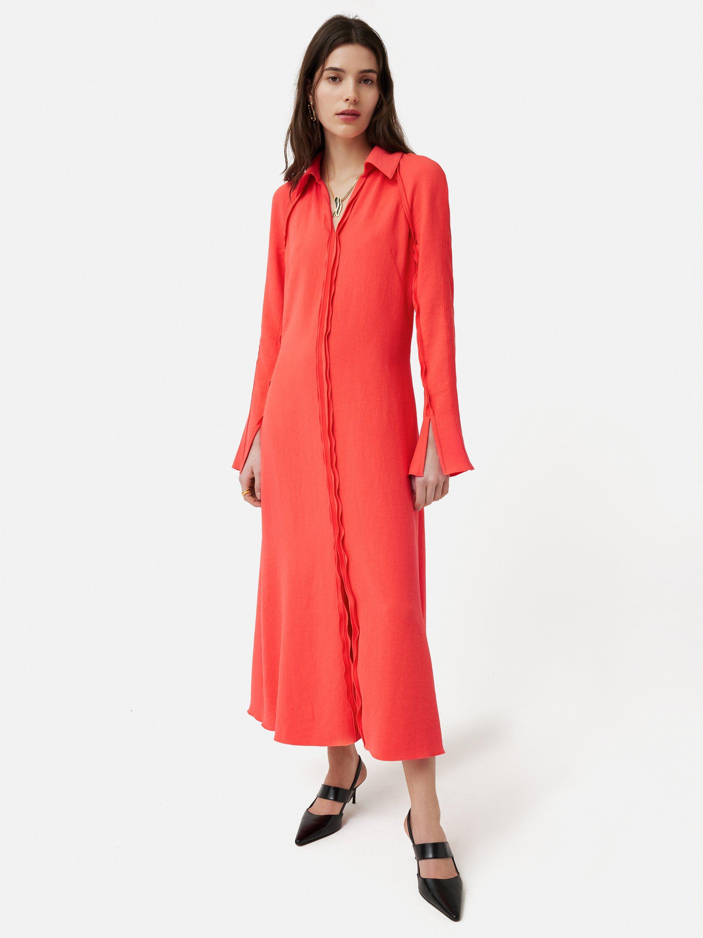 Jigsaw Japanese Crepe Piping Trim Maxi Dress, Coral