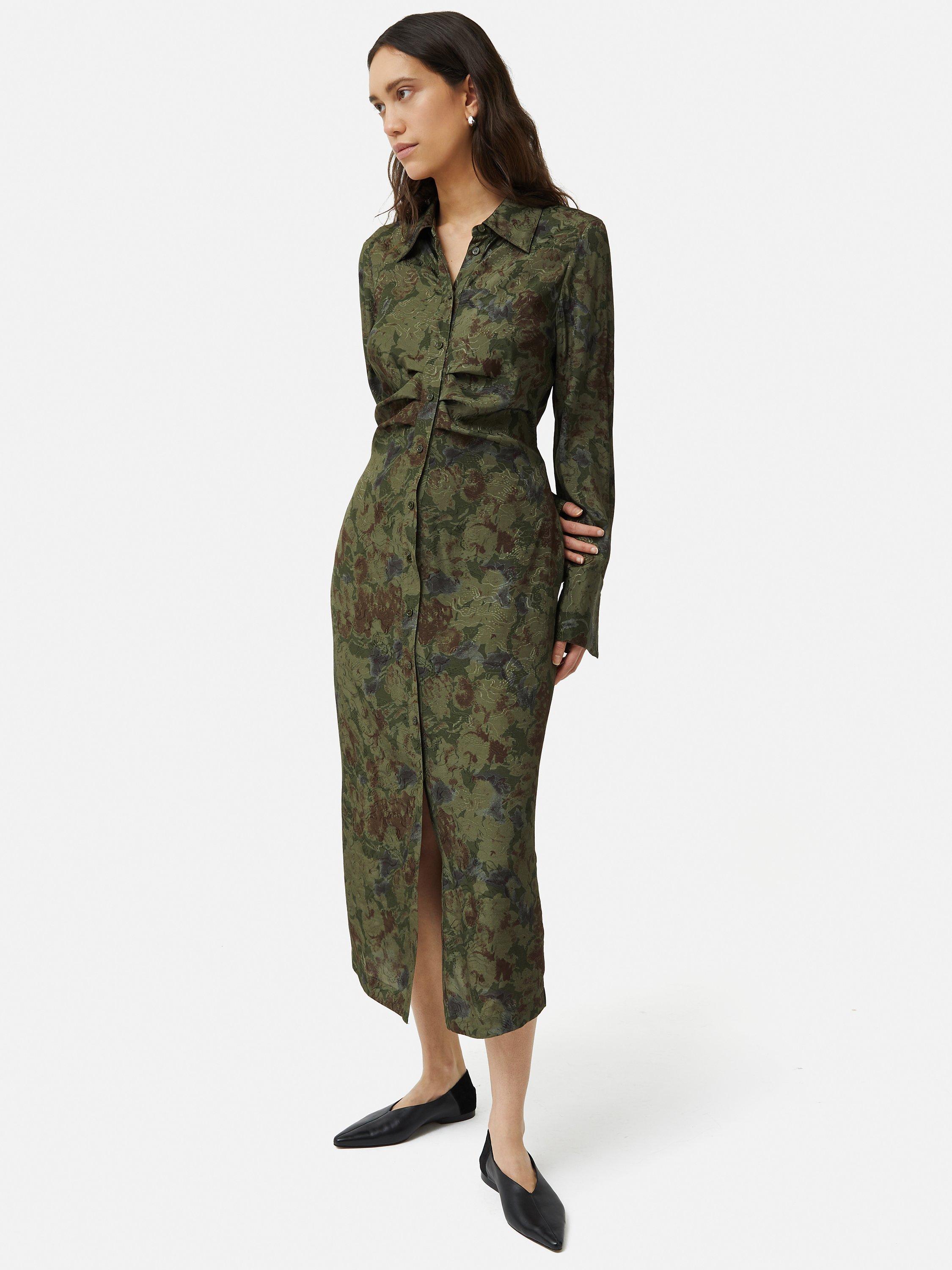 Jigsaw Floral Jacquard Midi Shirt Dress Dark Green Multi