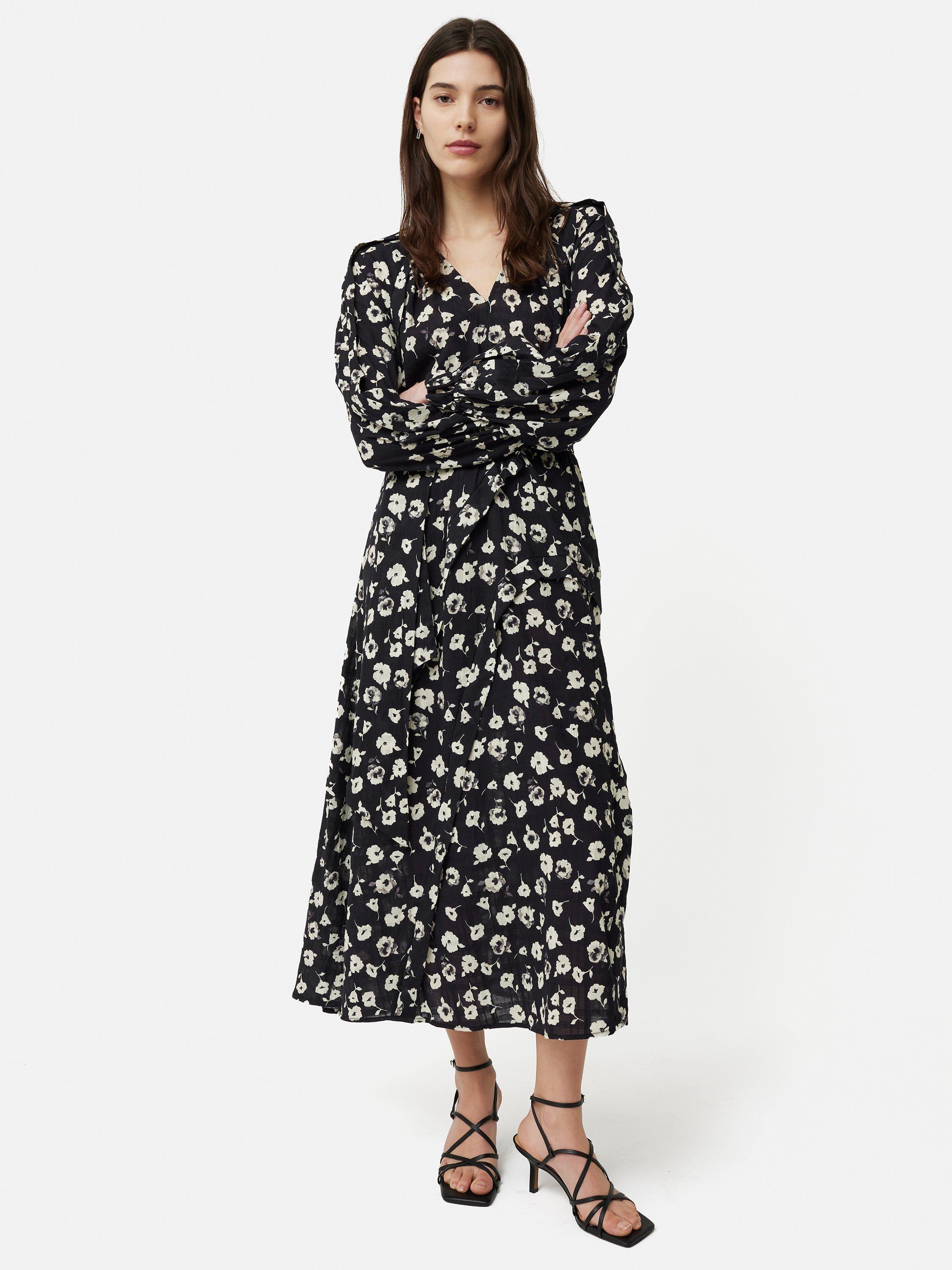 Jigsaw Grunge Floral Print Midi Dress Black Cream