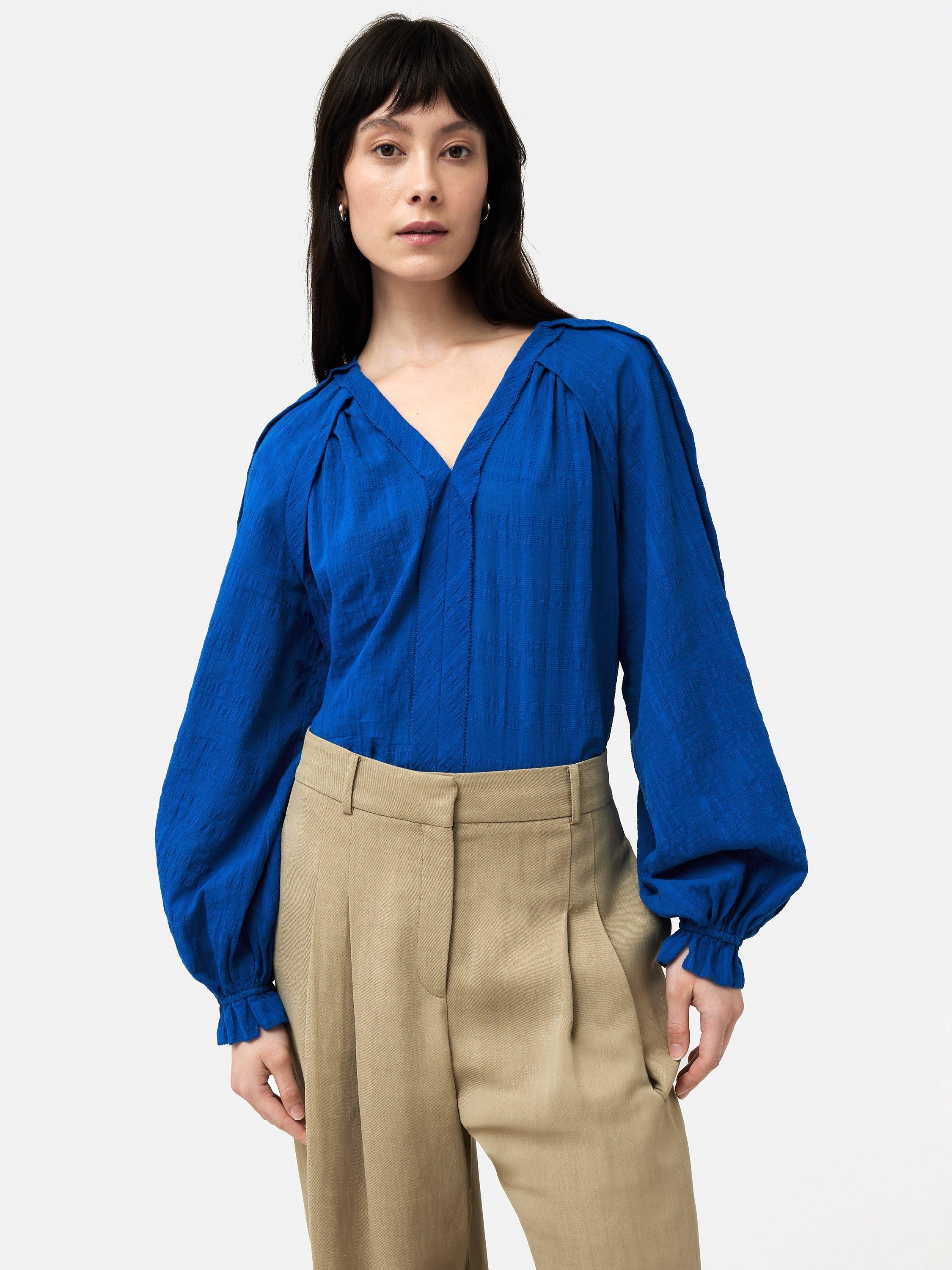 Jigsaw Textured Cotton V-Neck Top, Blue