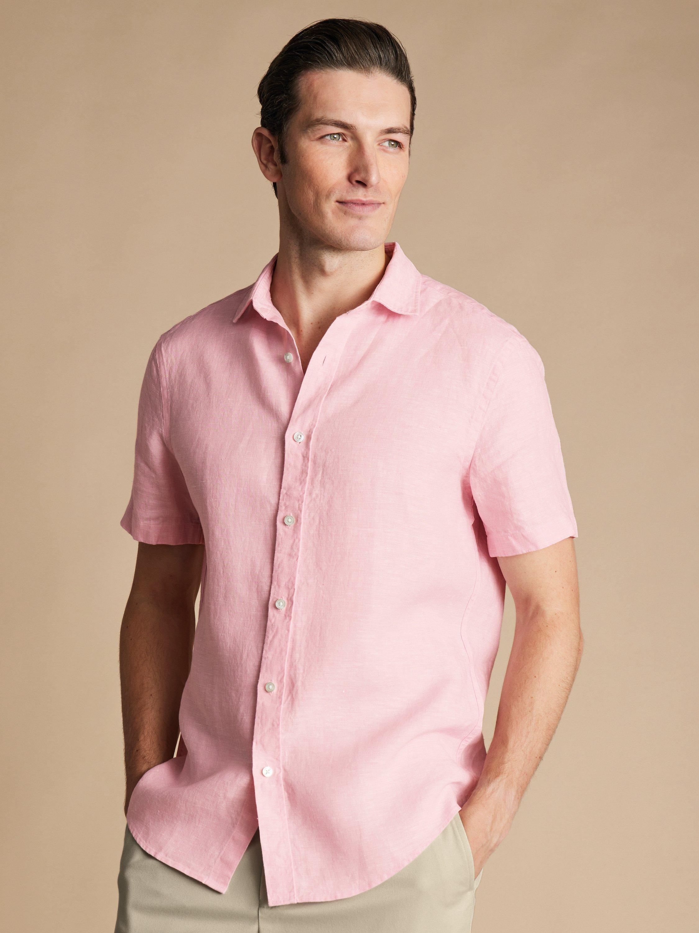 Charles Tyrwhitt Linen Slim Fit Short Sleeve Shirt, Pink, S