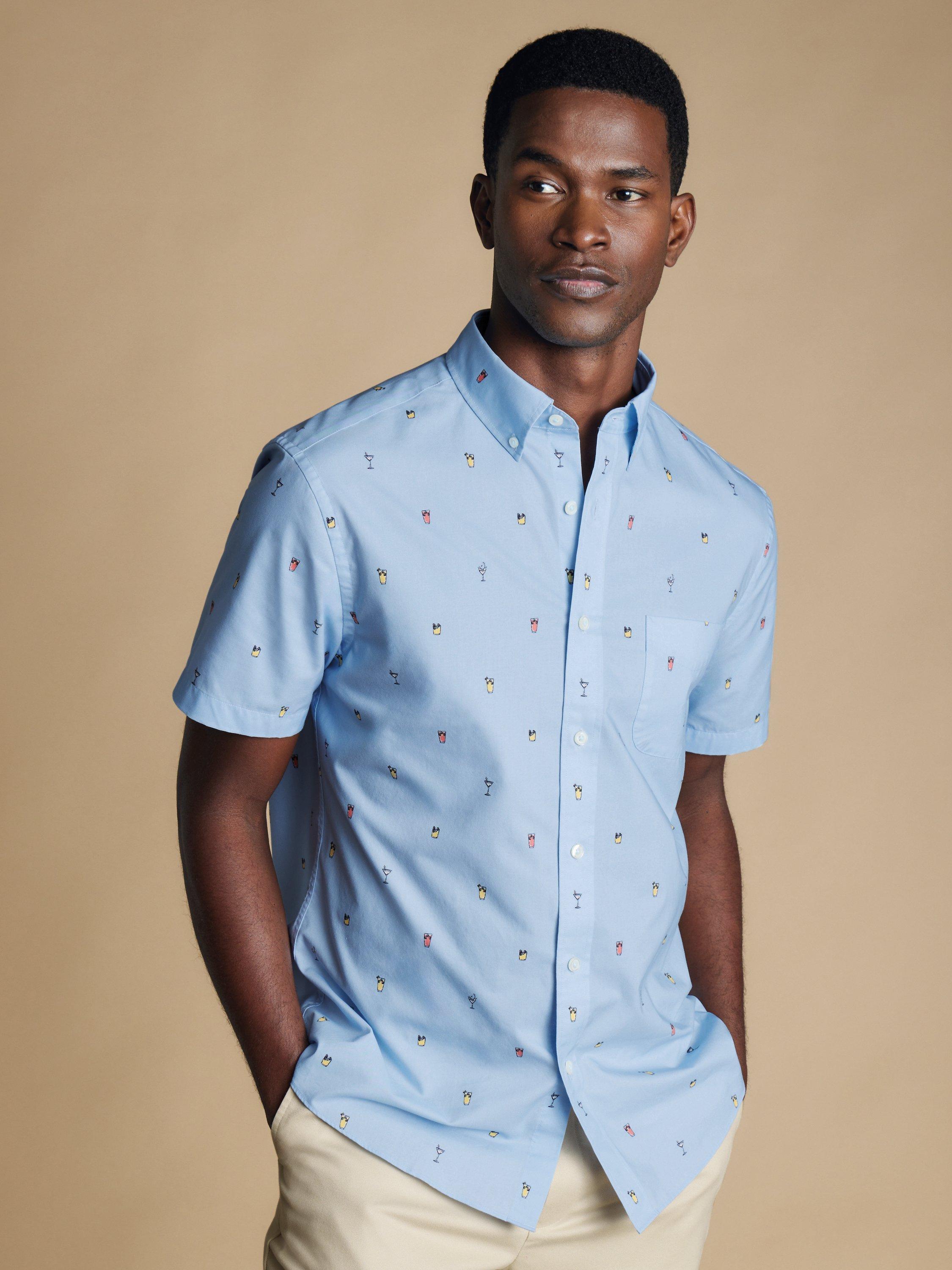 Charles Tyrwhitt Non-Iron Stretch Slim Fit Cocktail Print Short Sleeve Shirt, Sky Blue