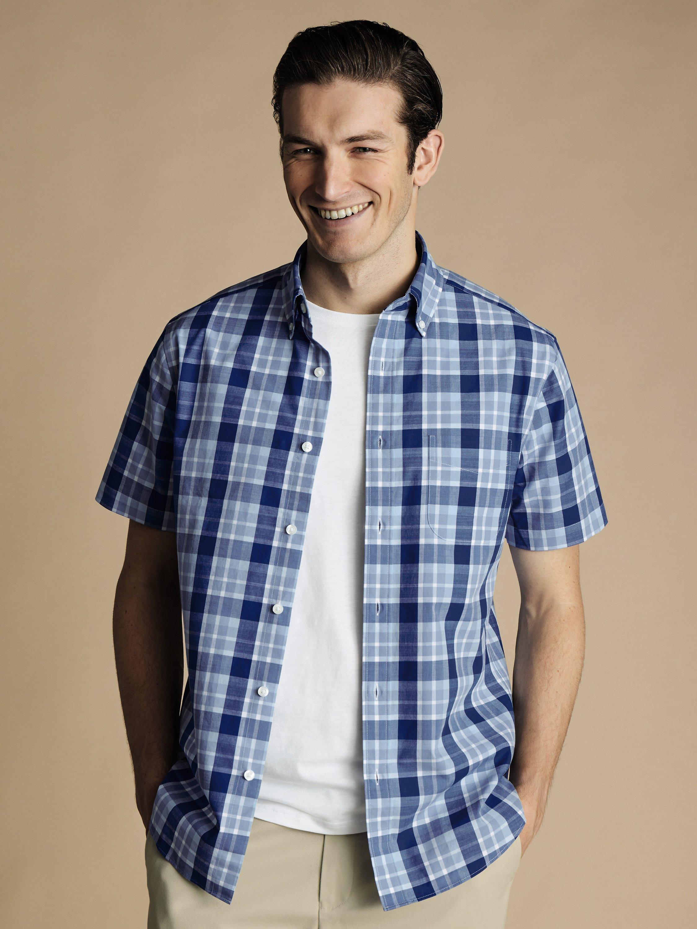 Charles Tyrwhitt Check Short Sleeve Non-Iron Poplin Shirt, Royal Blue