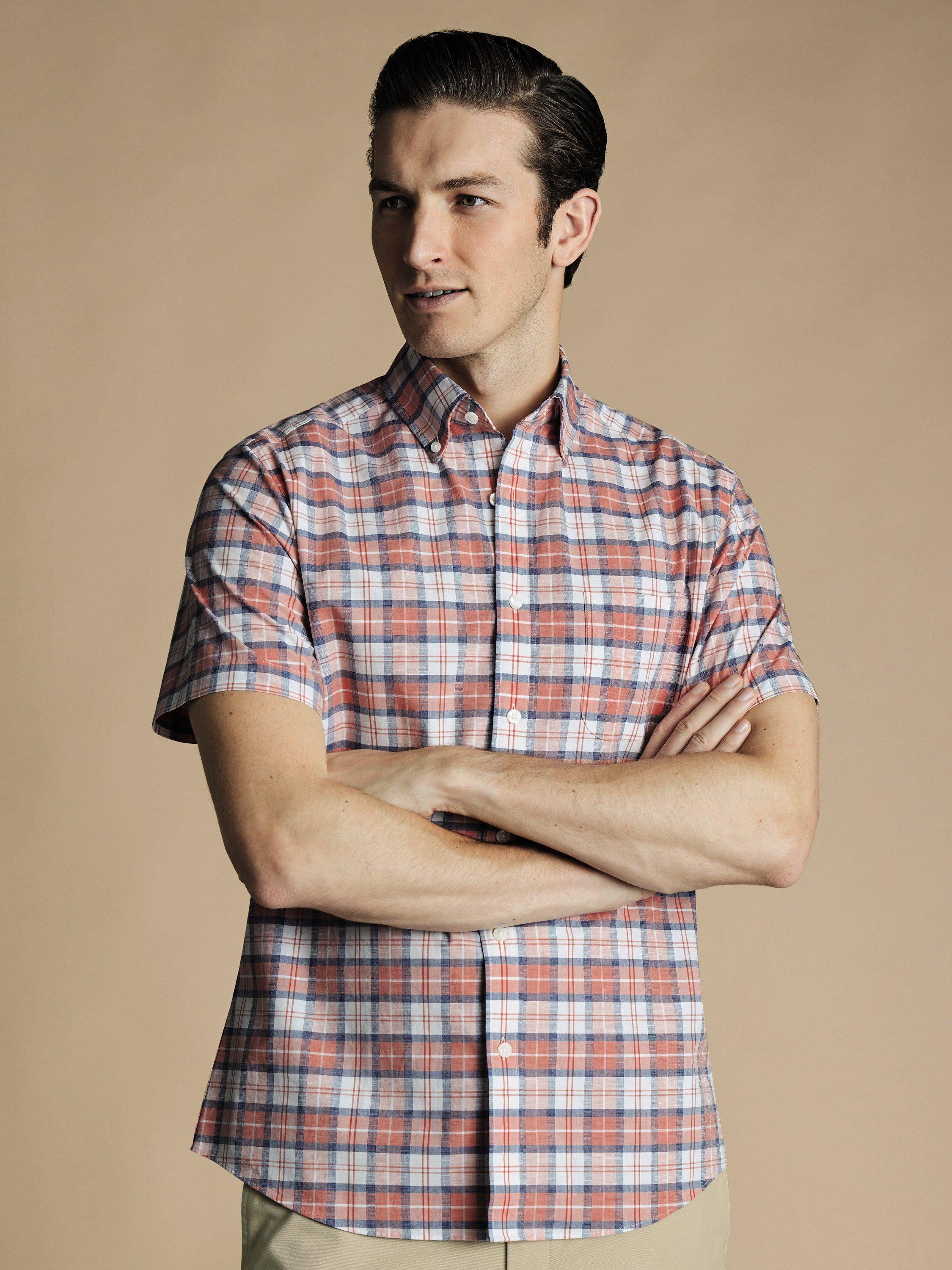 Charles Tyrwhitt Check Short Sleeve Non-Iron Stretch Poplin Shirt, Coral Pink