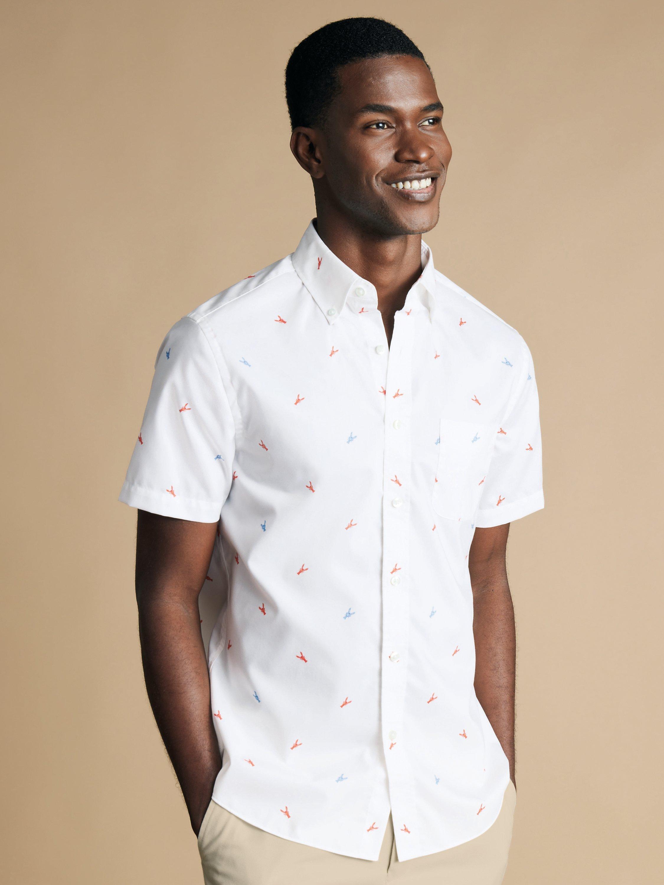 Charles Tyrwhitt Non-Iron Stretch Slim Fit Lobster Print Short Sleeve Shirt, White/Orange