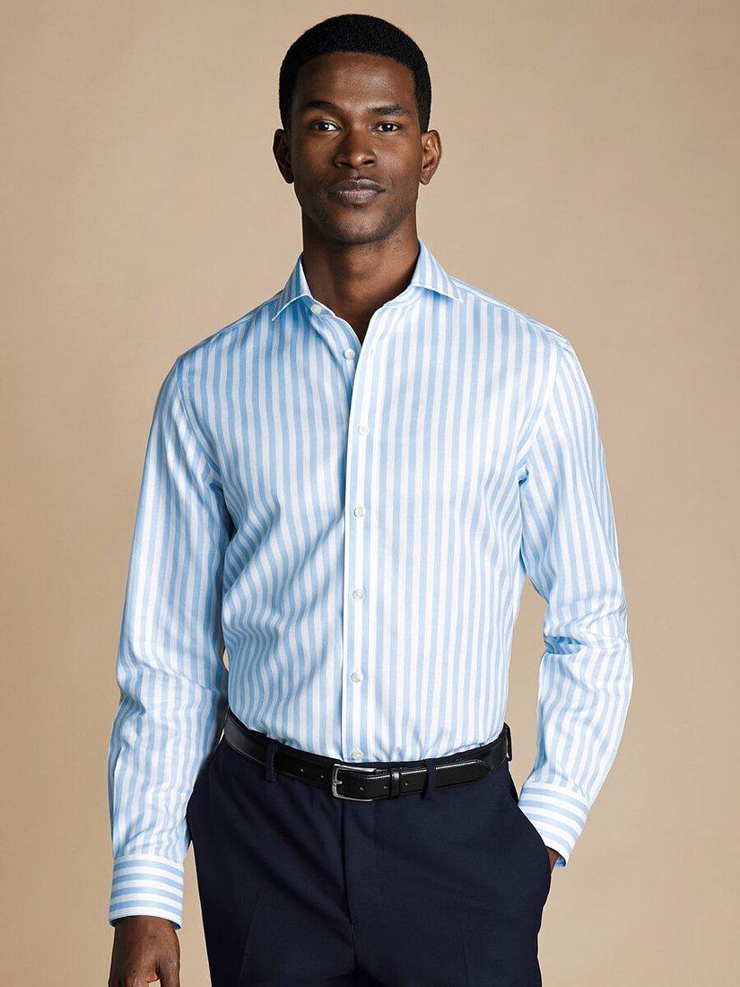 Charles Tyrwhitt Non-Iron Long Sleeve Wide Stripe Shirt, Sky Blue