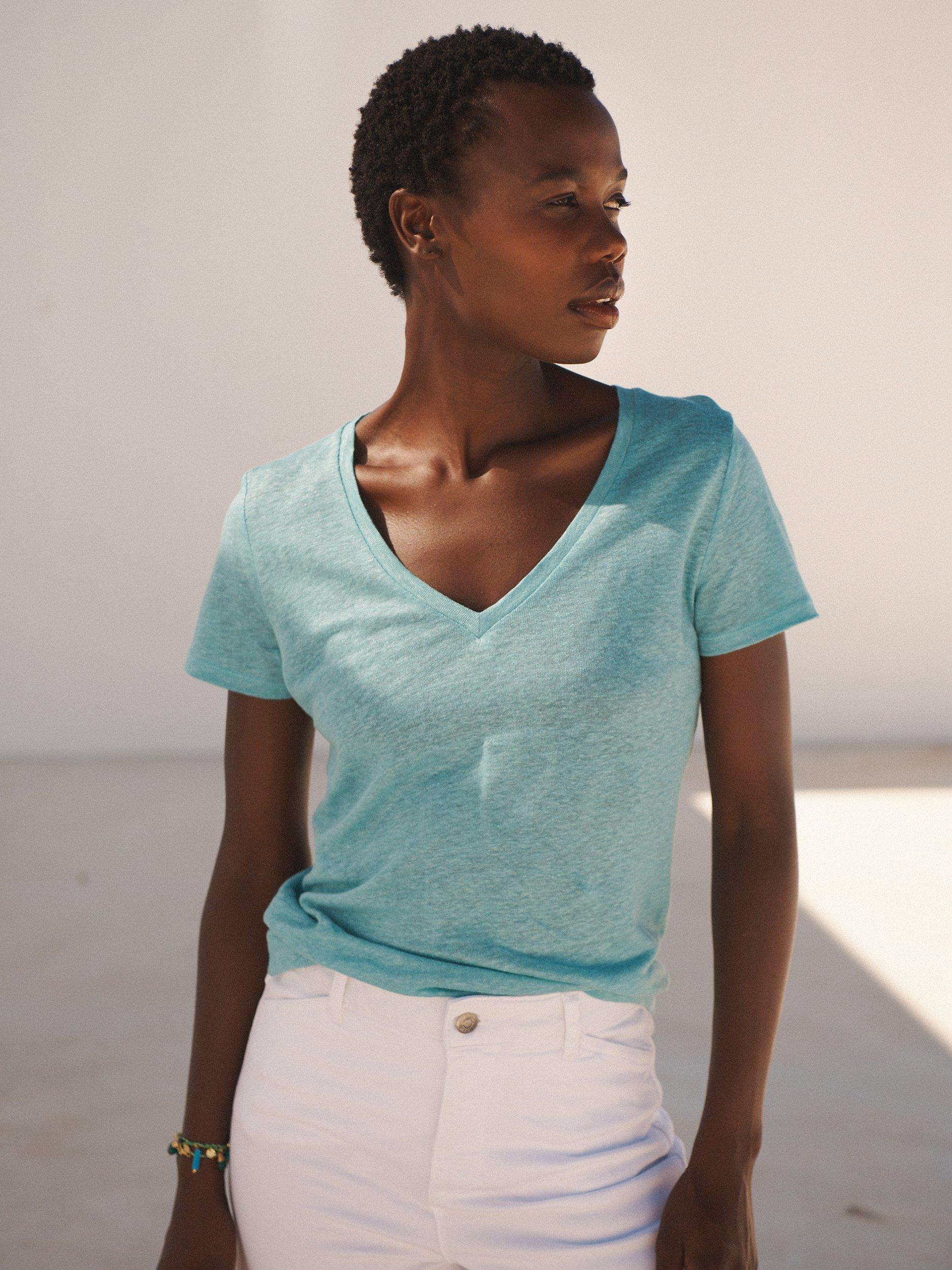 NRBY Charlie Linen V Neck T-Shirt, Sea Spray