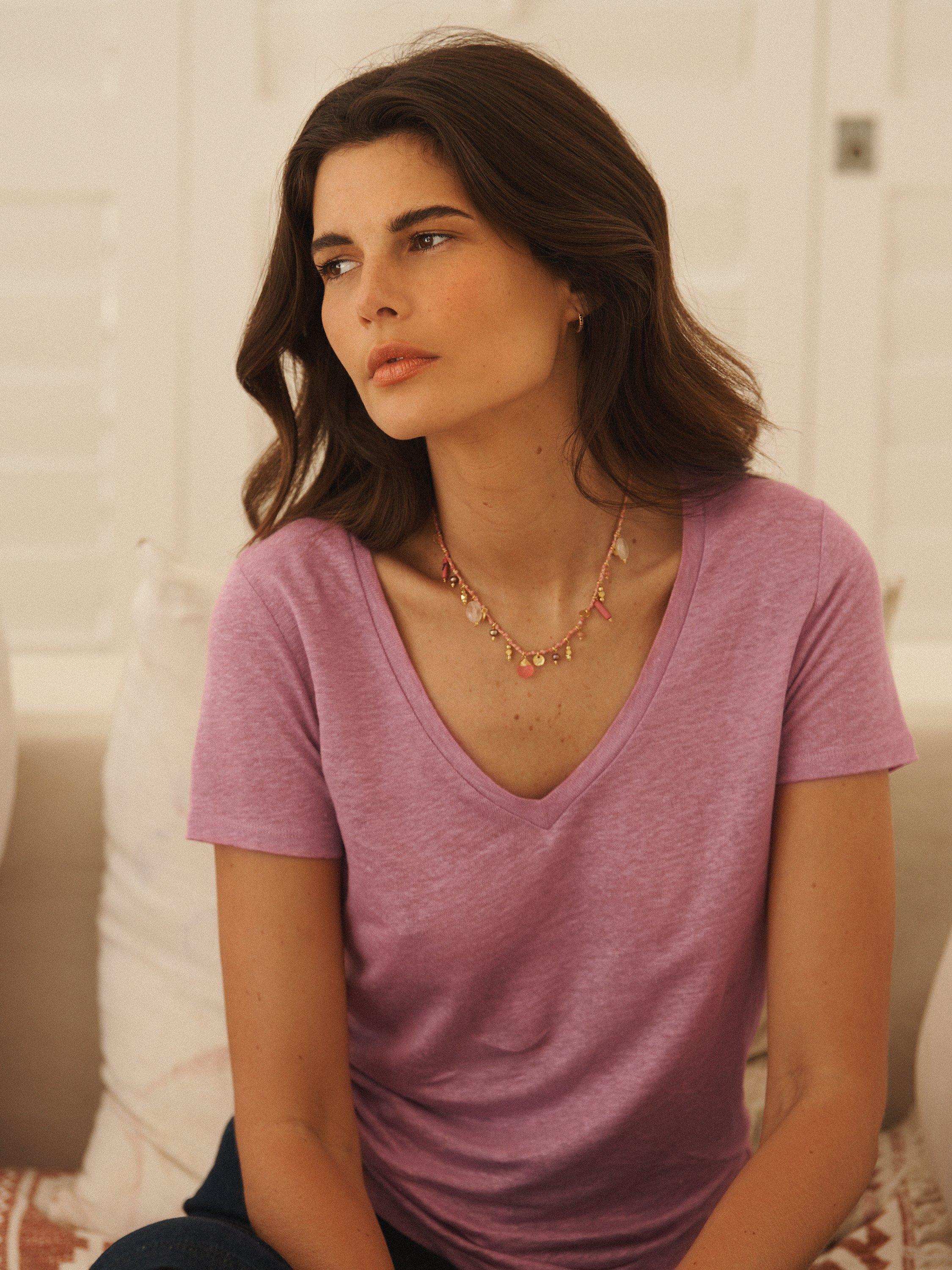 Product image 1 of 9, which shows NRBY Charlie Linen V Neck T-Shirt, Lavender Mauve, XS