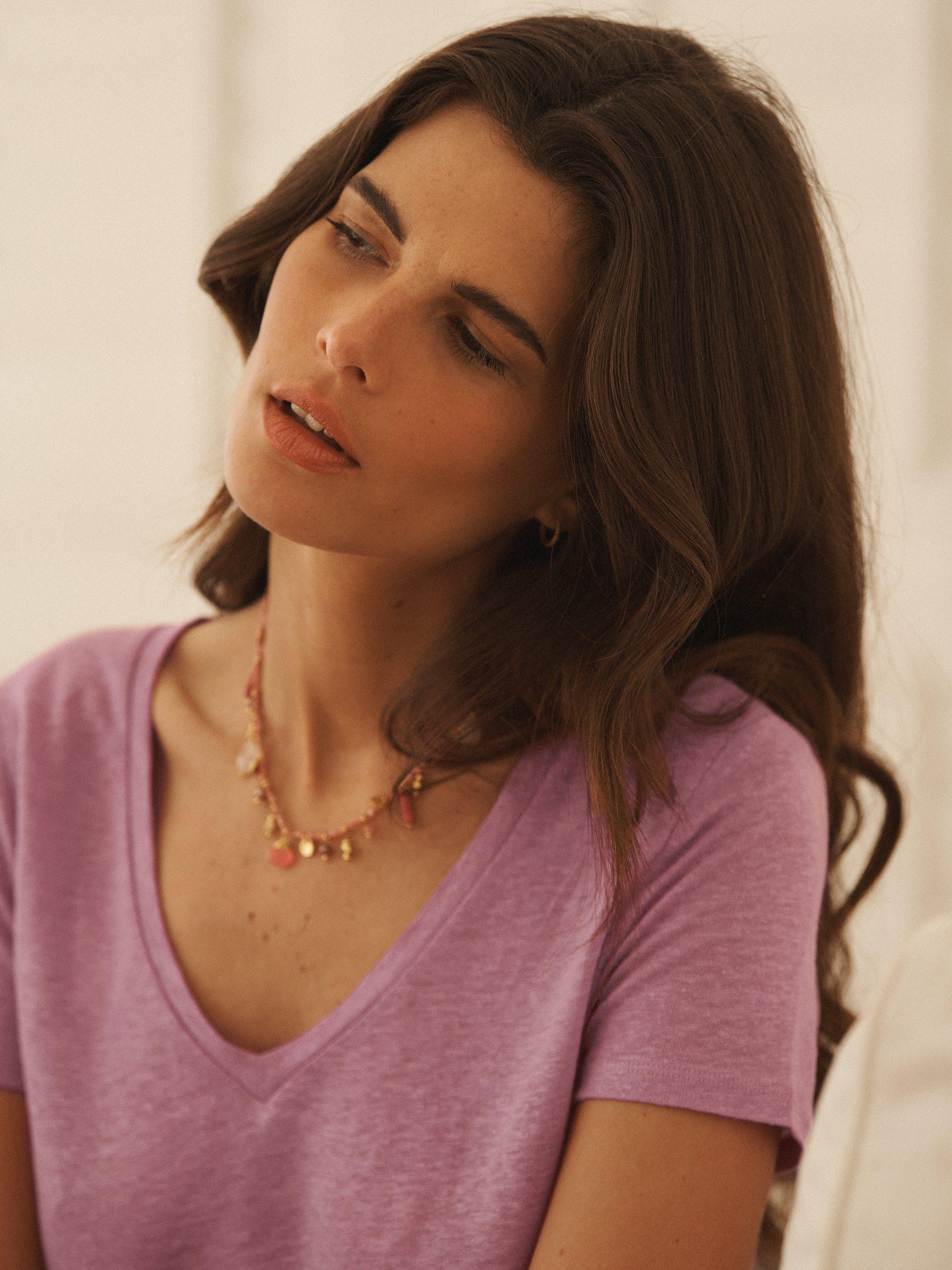 Product image 7 of 9, which shows NRBY Charlie Linen V Neck T-Shirt, Lavender Mauve, XS