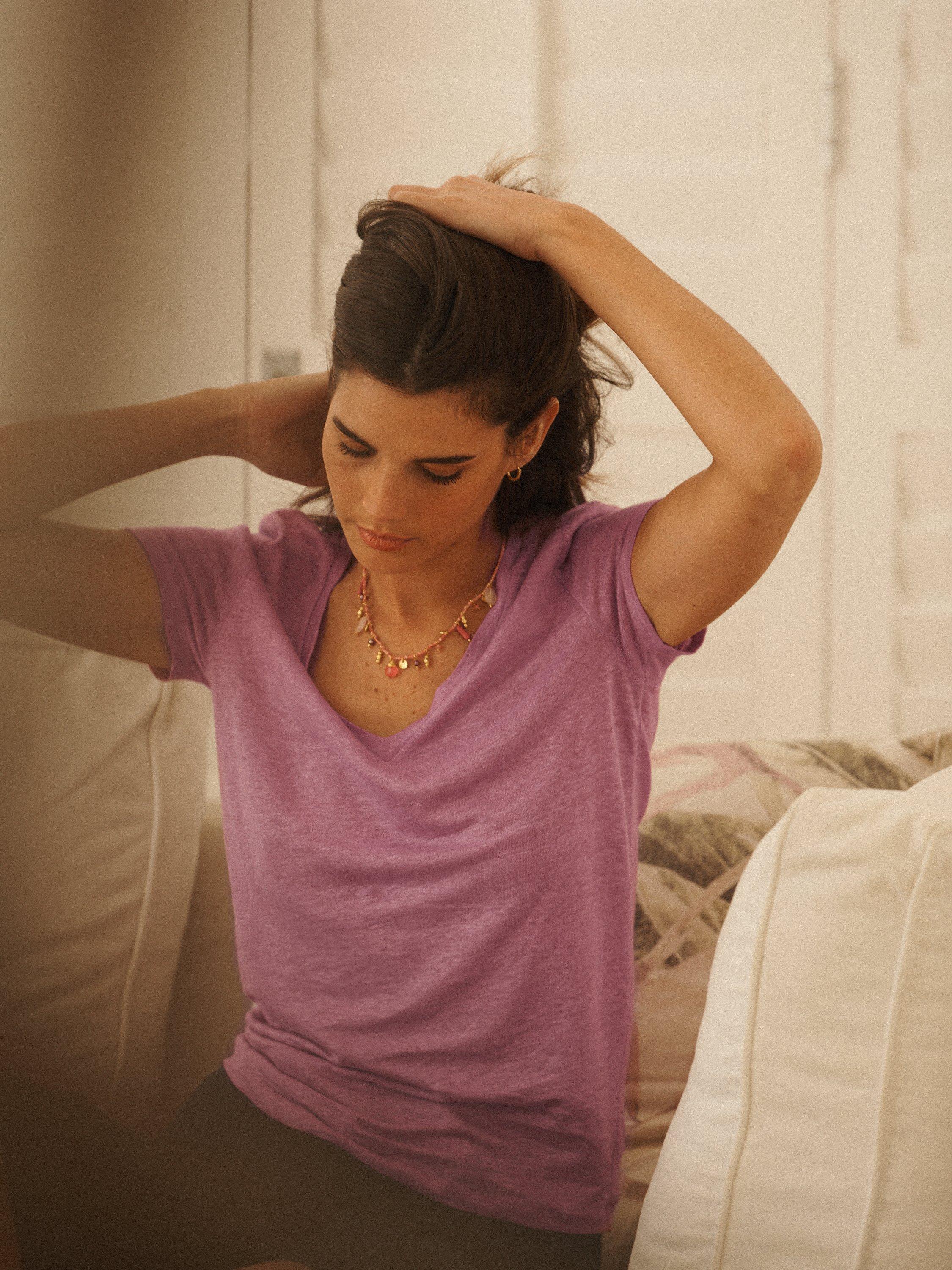 Product image 8 of 9, which shows NRBY Charlie Linen V Neck T-Shirt, Lavender Mauve, XS
