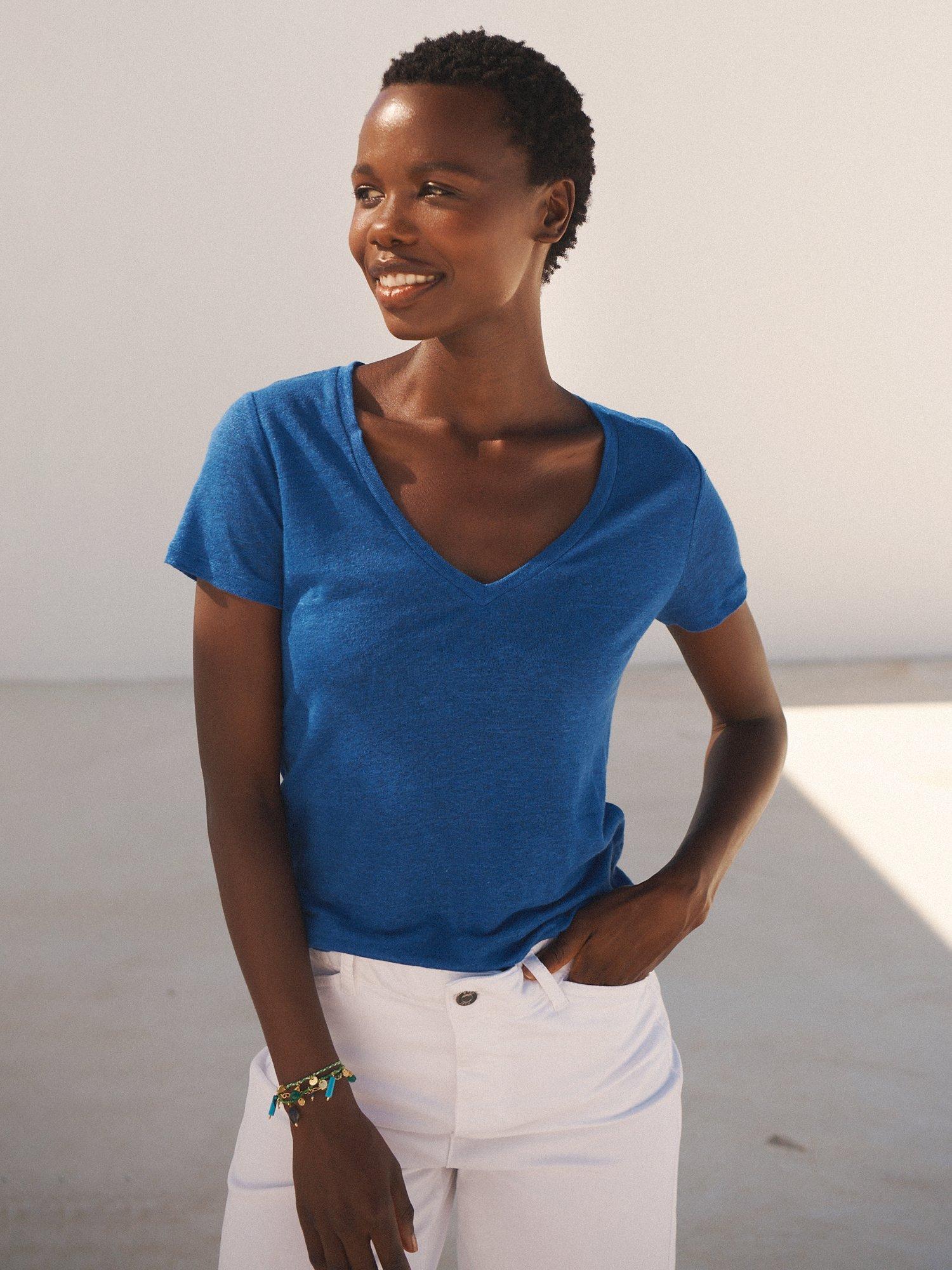 Product image 1 of 10, which shows NRBY Charlie Linen V Neck T-Shirt, Cobalt Blue, XS
