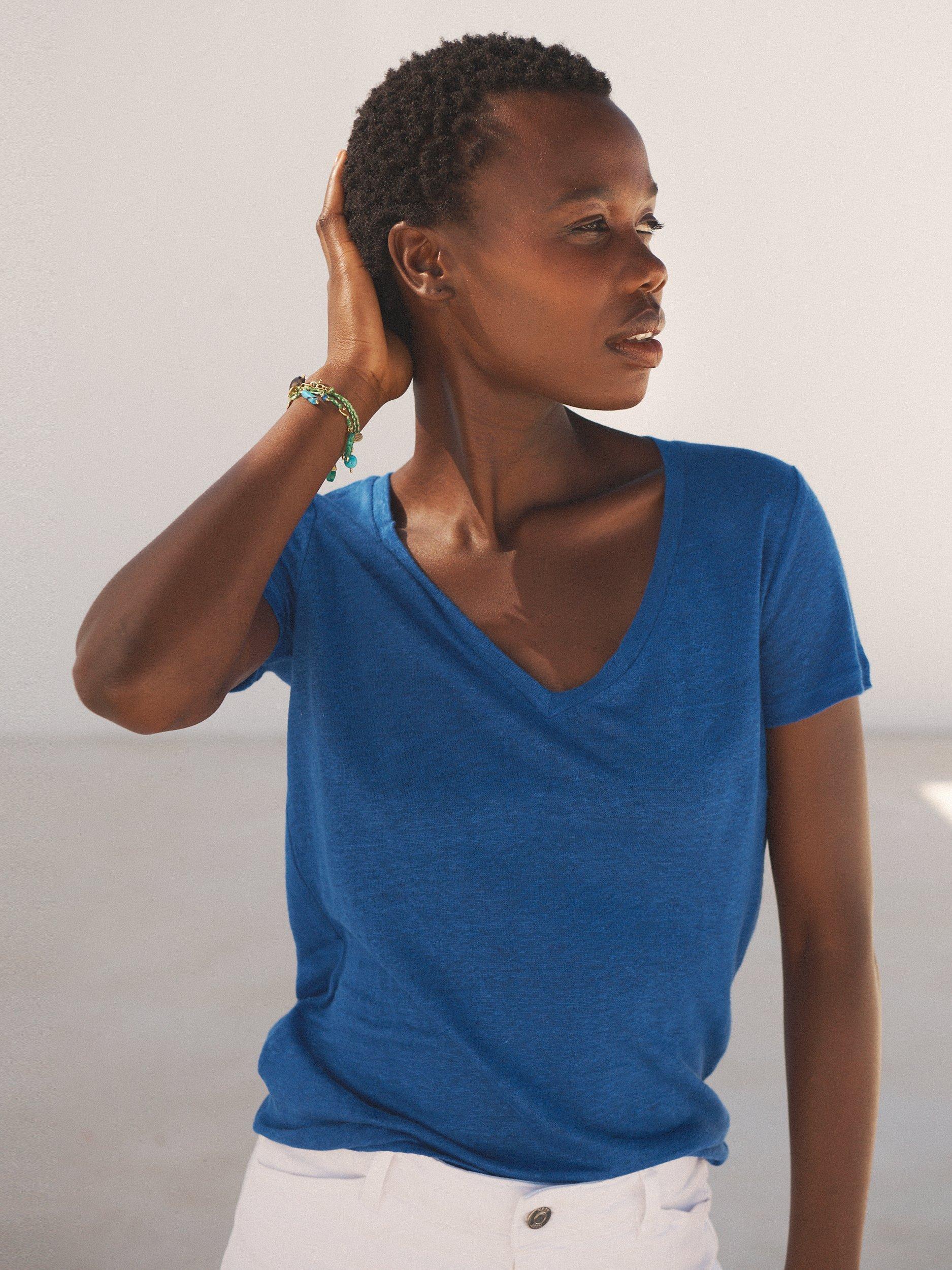 Product image 2 of 10, which shows NRBY Charlie Linen V Neck T-Shirt, Cobalt Blue, XS