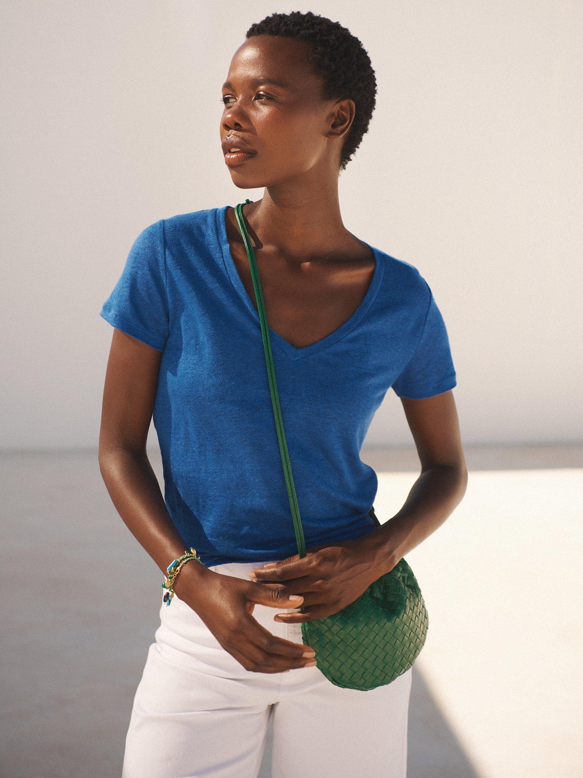 Product image 4 of 10, which shows NRBY Charlie Linen V Neck T-Shirt, Cobalt Blue, XS