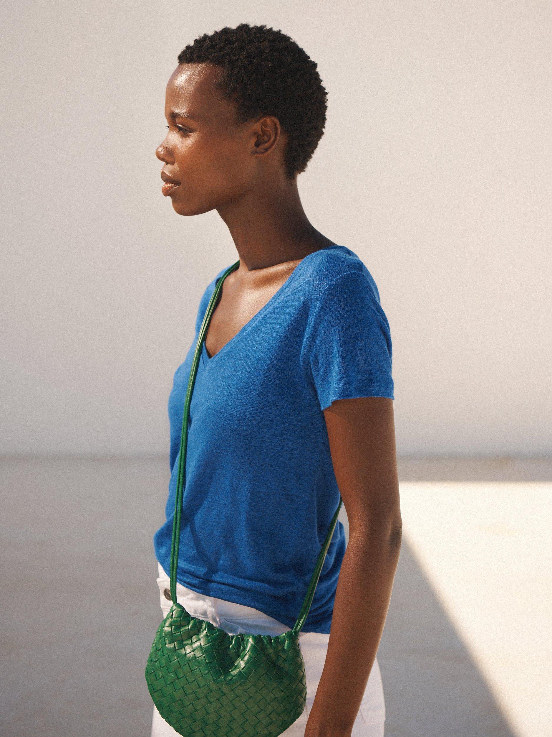 Product image 5 of 10, which shows NRBY Charlie Linen V Neck T-Shirt, Cobalt Blue, XS