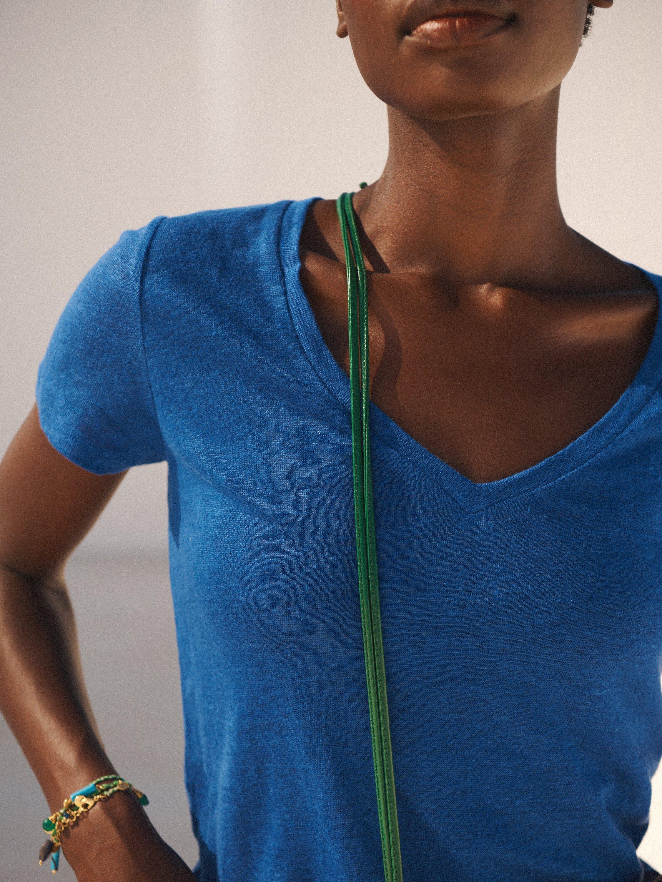 Product image 7 of 10, which shows NRBY Charlie Linen V Neck T-Shirt, Cobalt Blue, XS