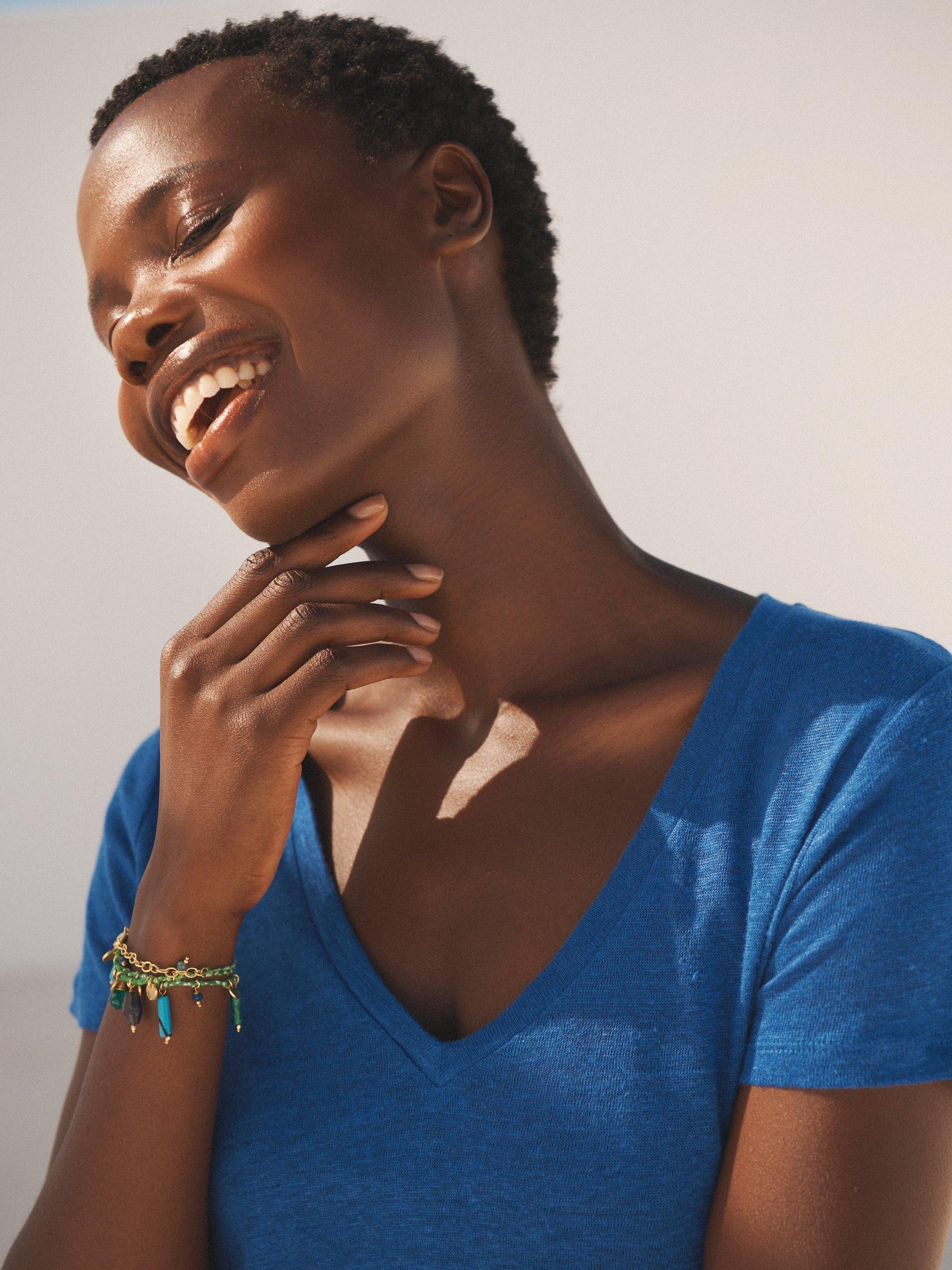 Product image 8 of 10, which shows NRBY Charlie Linen V Neck T-Shirt, Cobalt Blue, XS