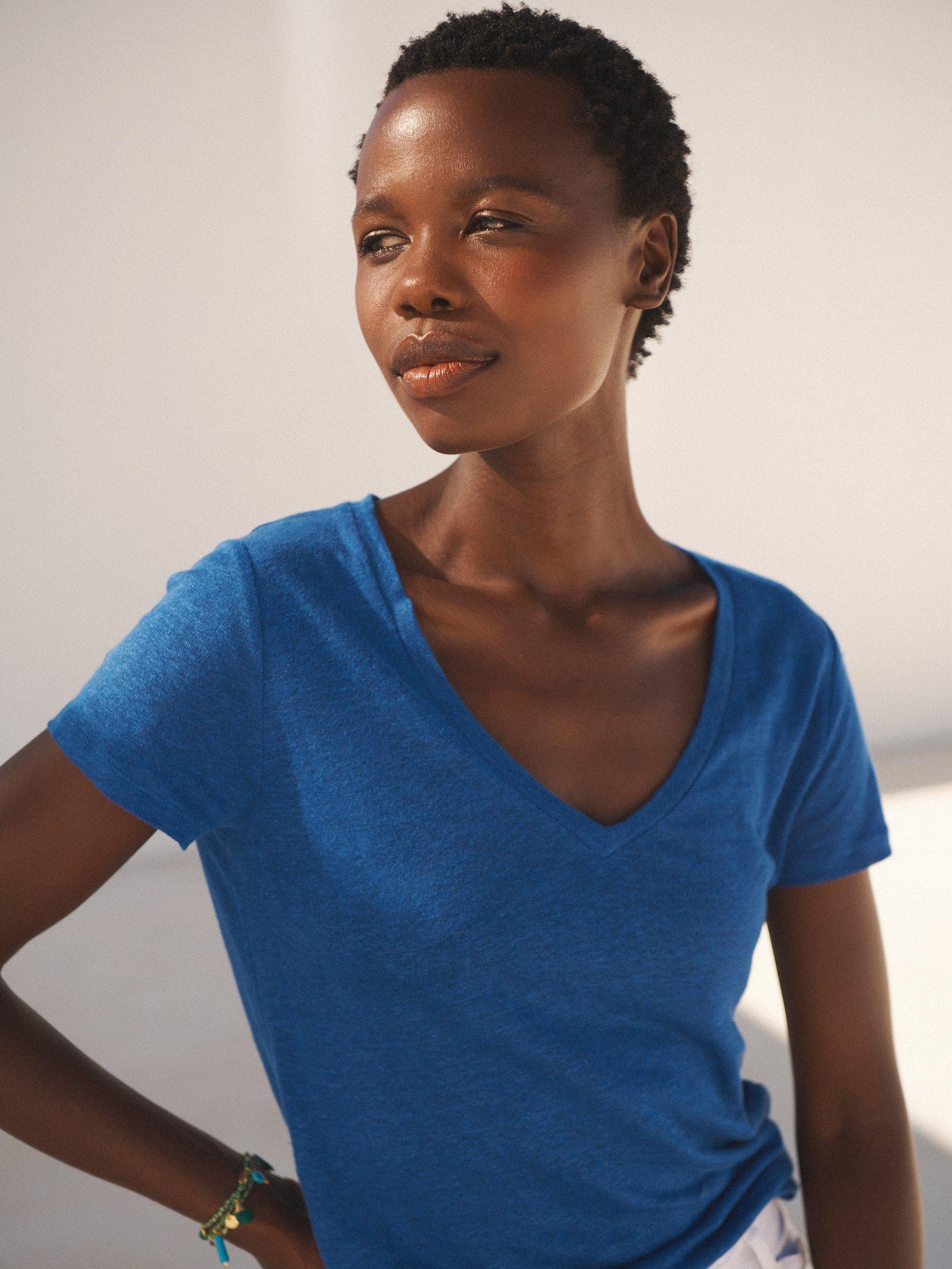 Product image 9 of 10, which shows NRBY Charlie Linen V Neck T-Shirt, Cobalt Blue, XS