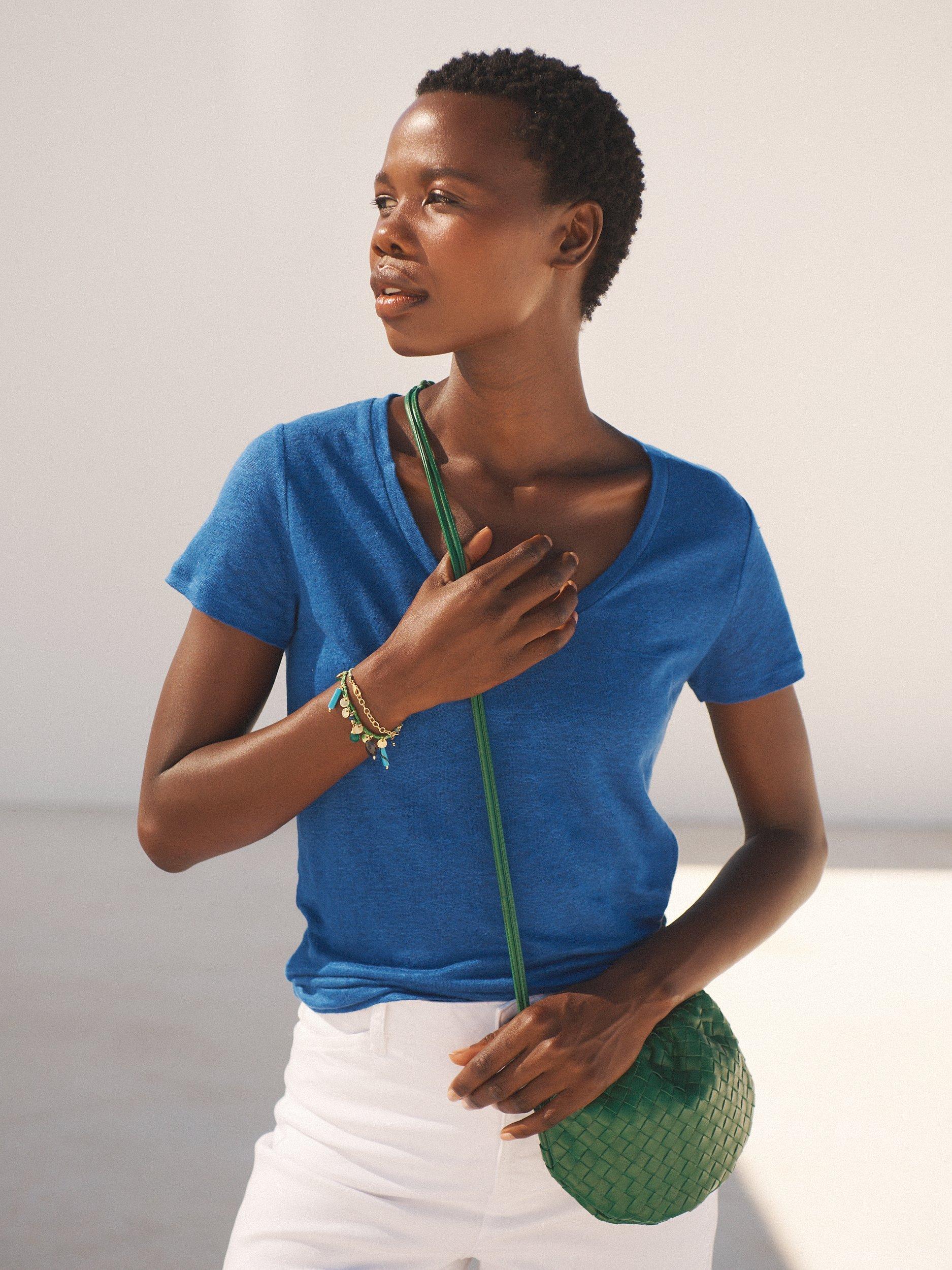 Product image 10 of 10, which shows NRBY Charlie Linen V Neck T-Shirt, Cobalt Blue, XS