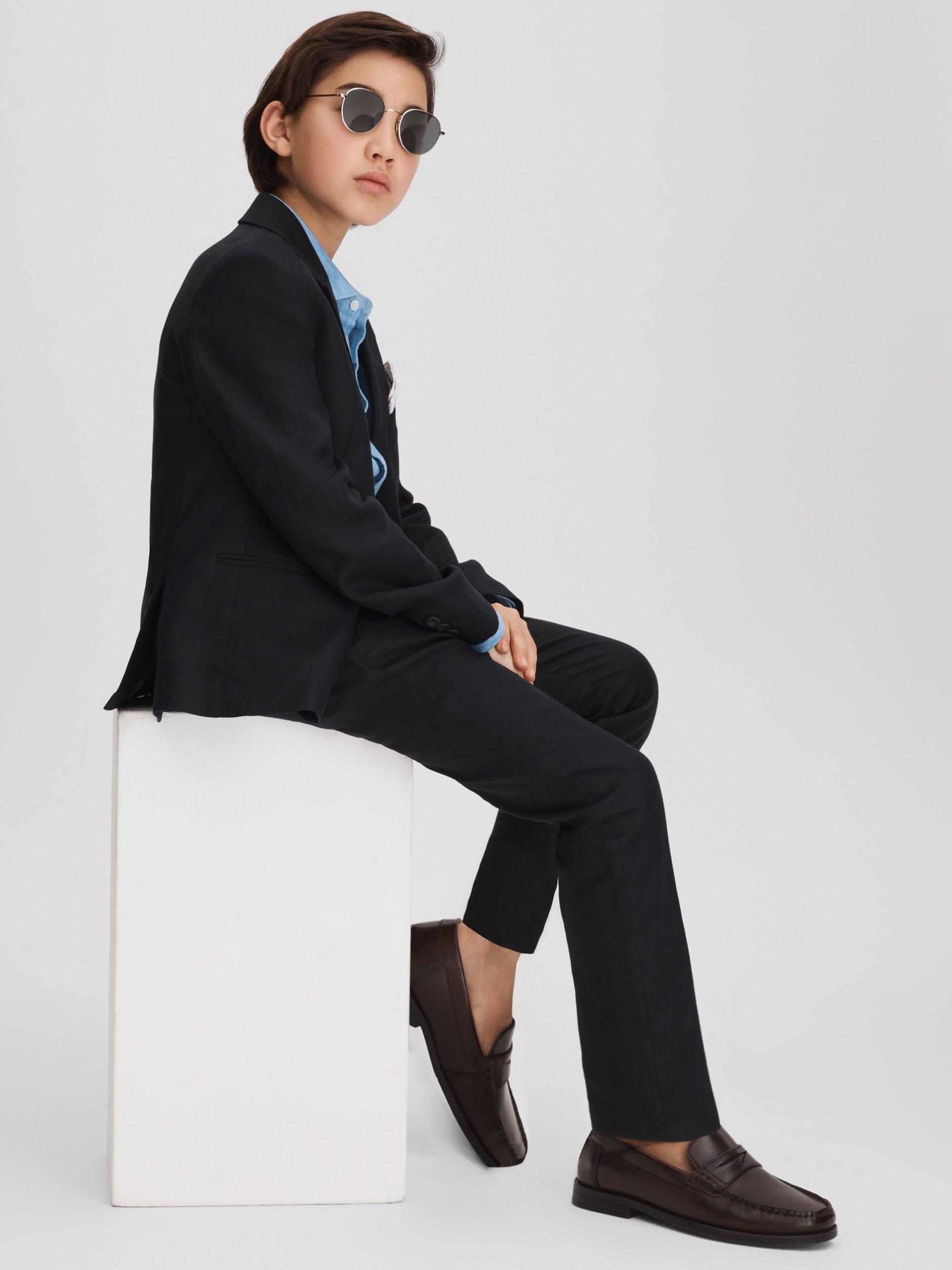 Product image 3 of 4, which shows Reiss Kids' Kin Linen Trousers, Navy, 7-8 years