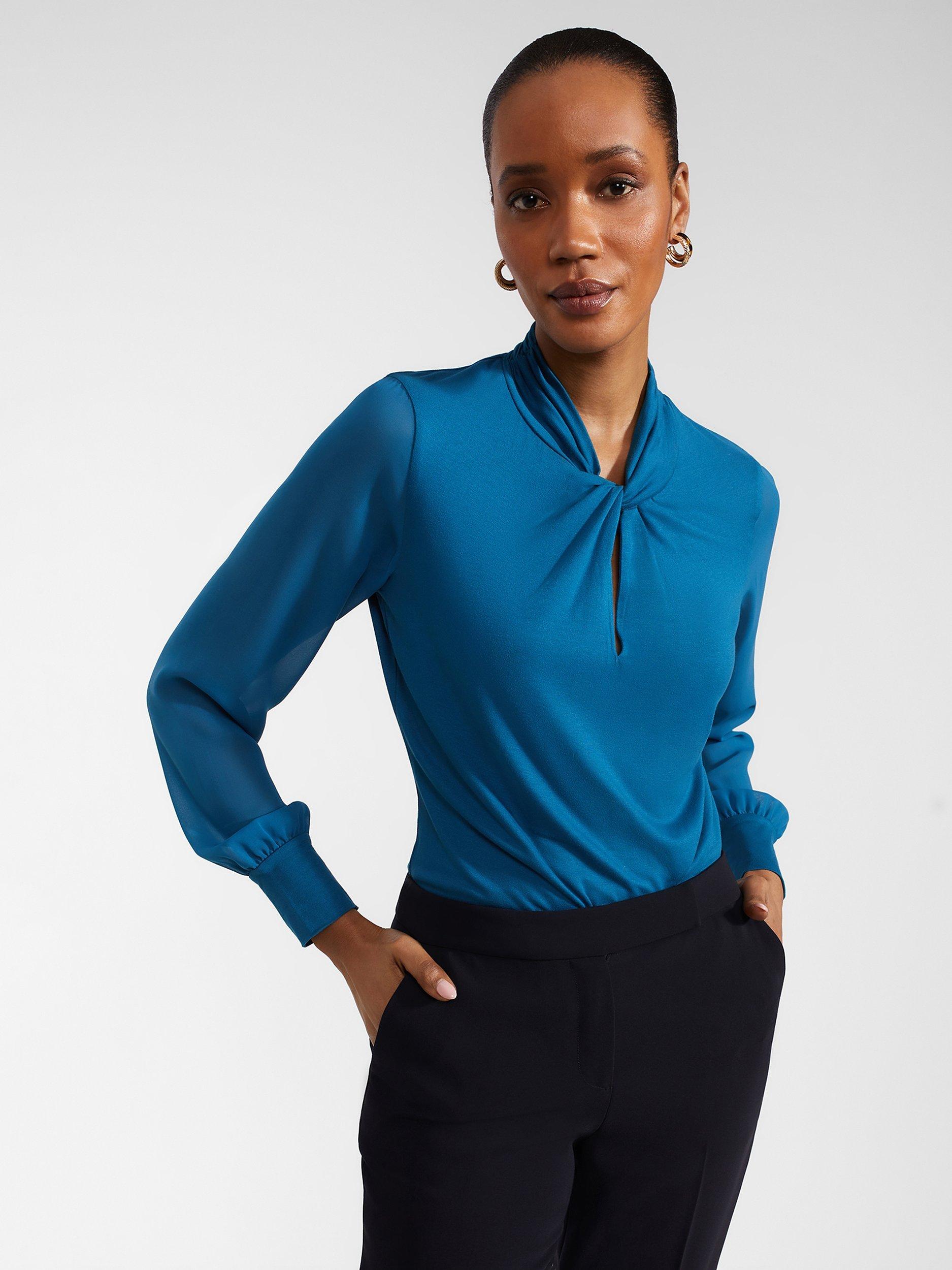 Hobbs Ashley Twist Neck Sheer Sleeve Top, Lyons Blue