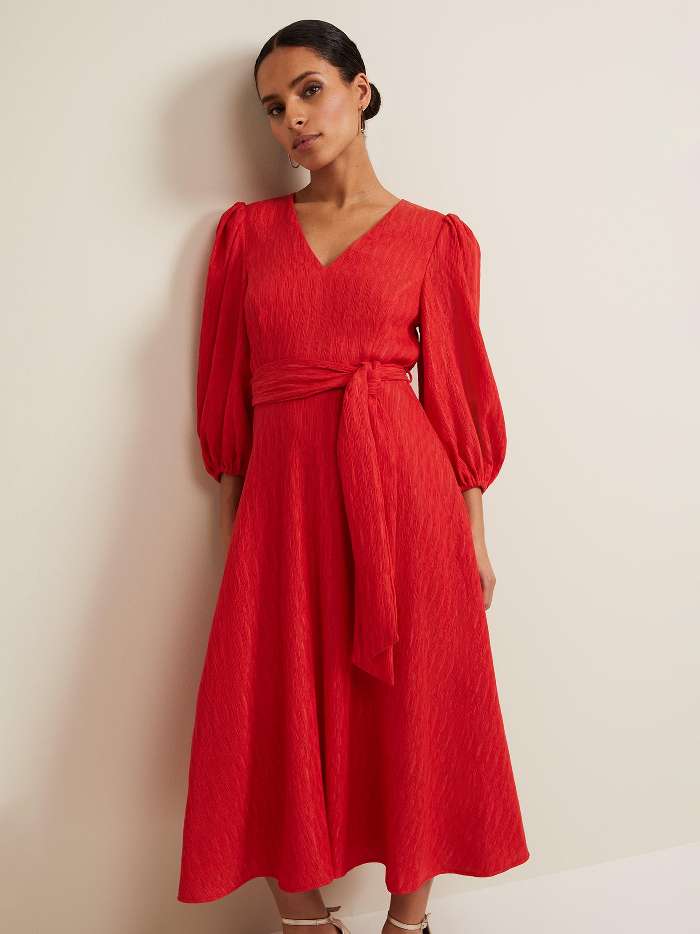Product image 3 of 7, which shows Phase Eight Petite Marilyn Textured Midi Dress, Orange, 6