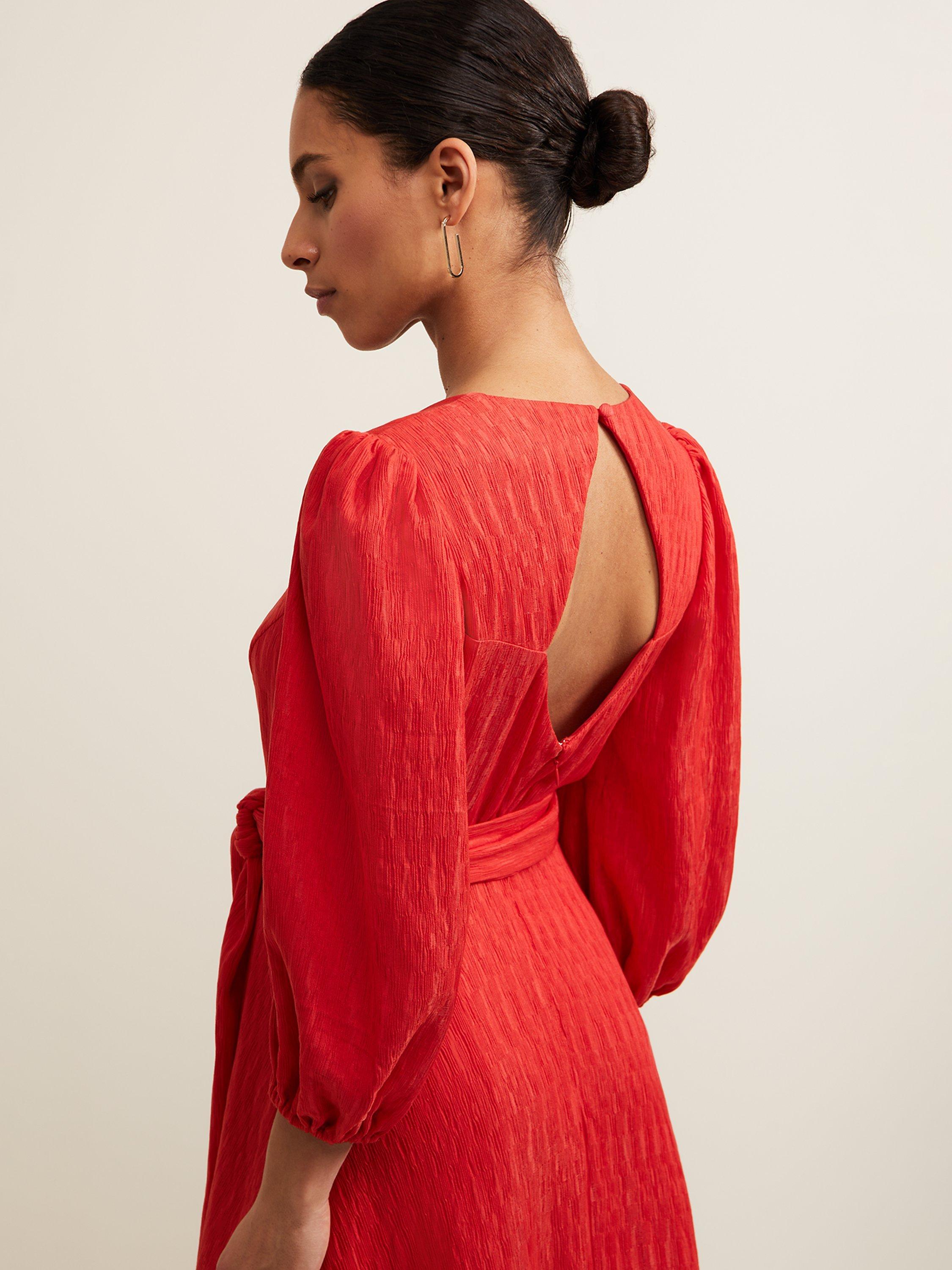 Product image 5 of 7, which shows Phase Eight Petite Marilyn Textured Midi Dress, Orange, 6