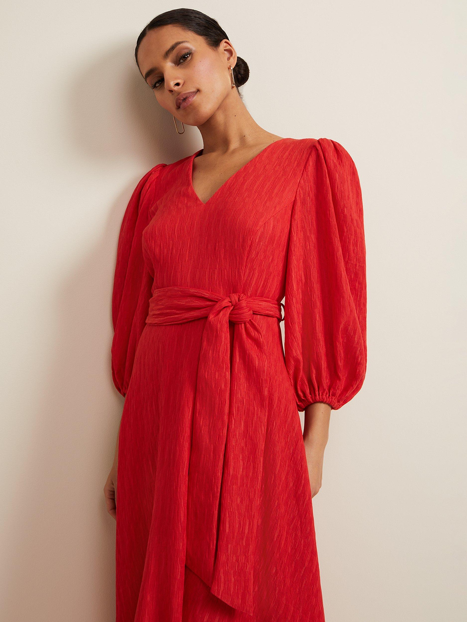 Product image 6 of 7, which shows Phase Eight Petite Marilyn Textured Midi Dress, Orange, 6