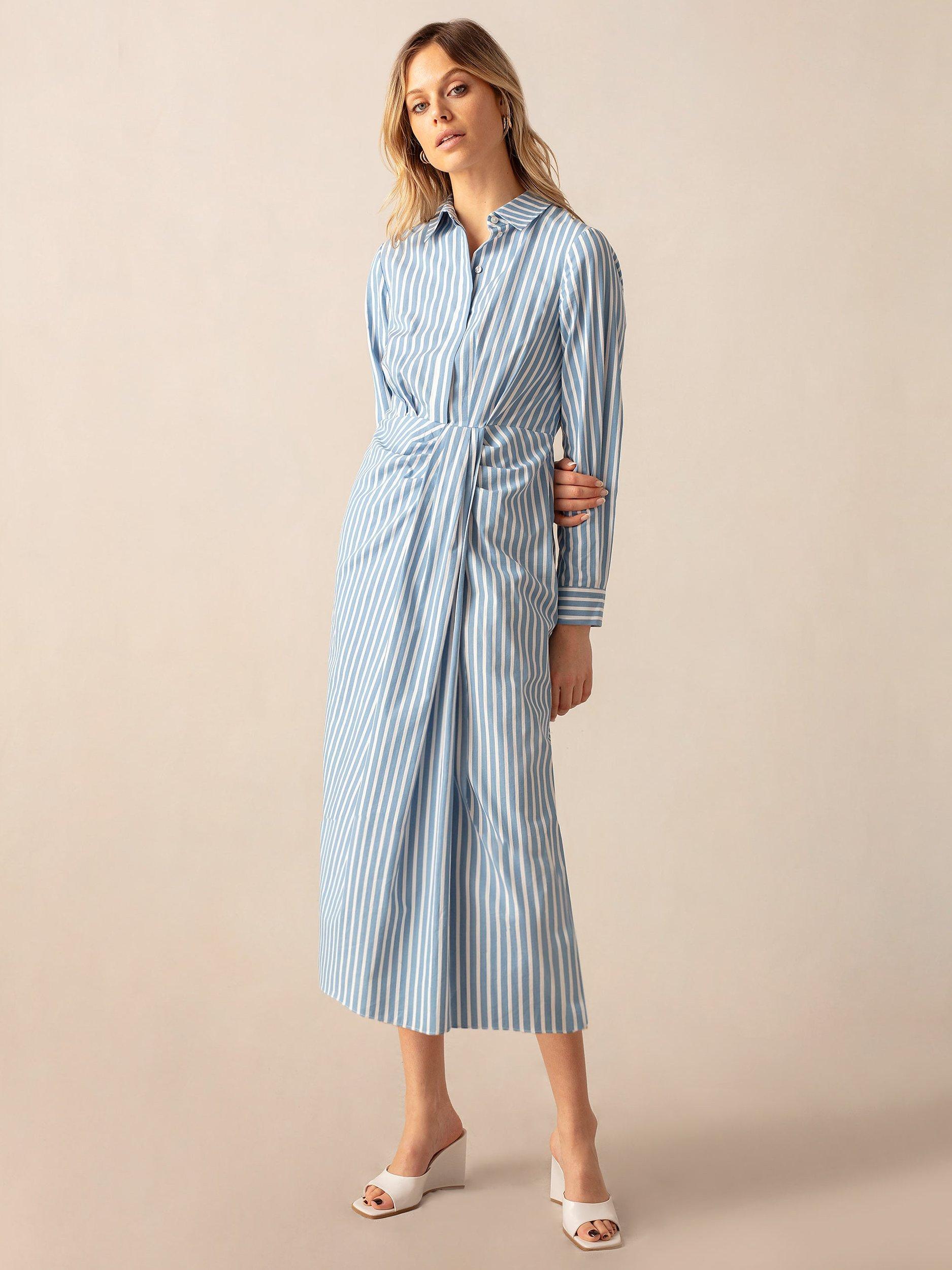 Ro&Zo Stripe Wrap Detail Midi Shirt Dress, Blue
