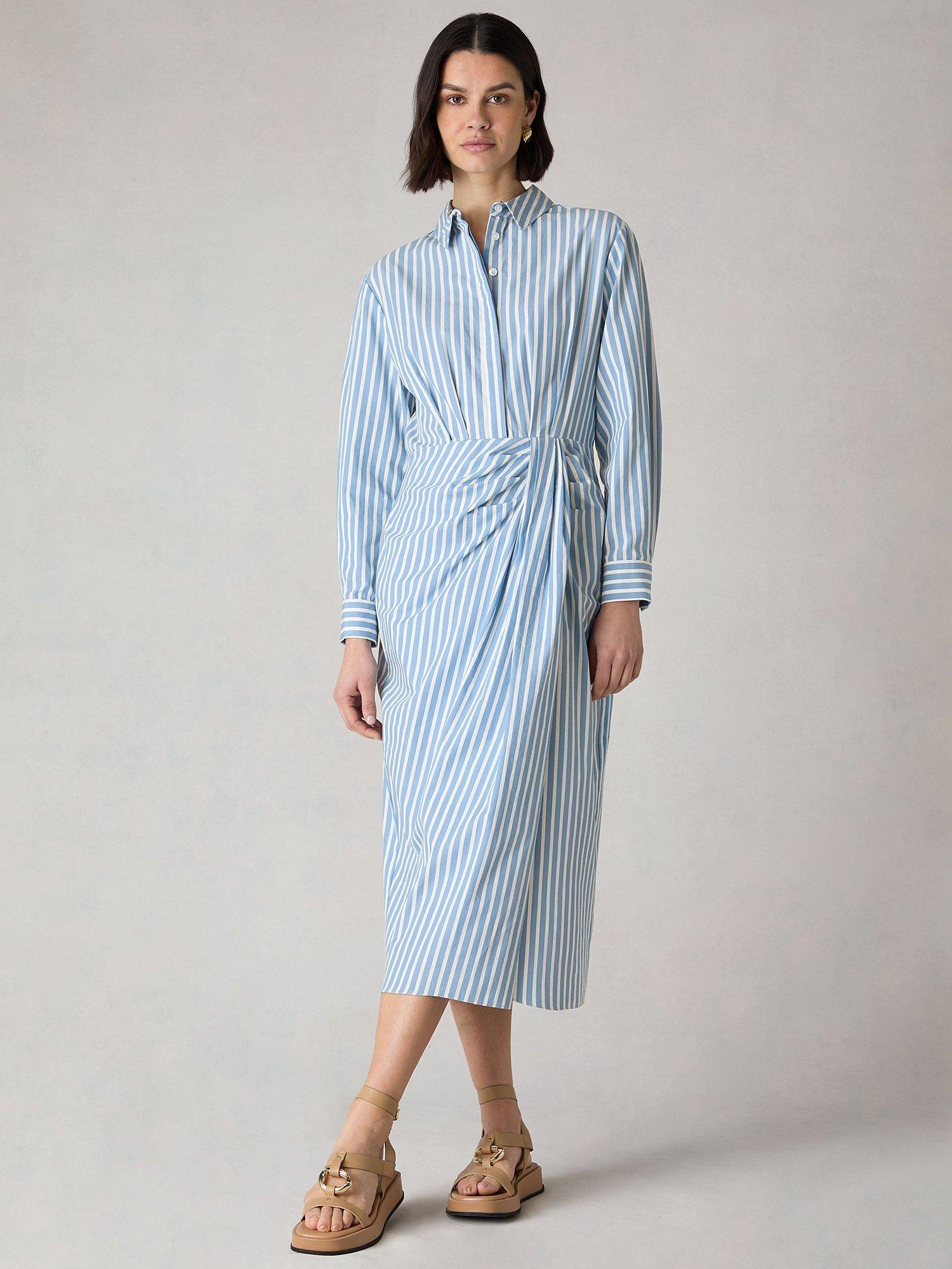 Ro&Zo Petite Stripe Wrap Detail Midi Shirt Dress, Blue/White