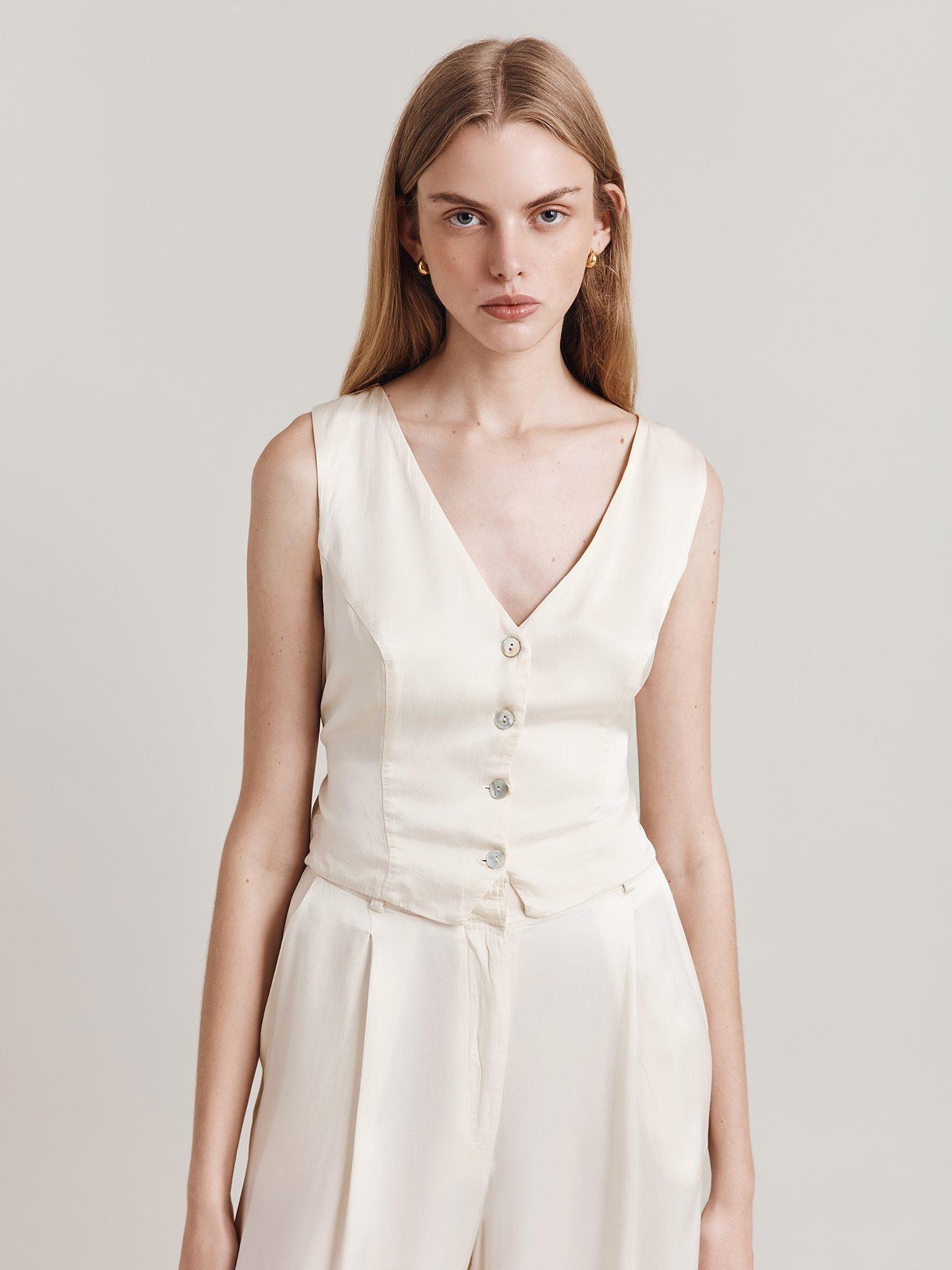 Ghost Eden Cropped Satin Waistcoat, Ivory, XS