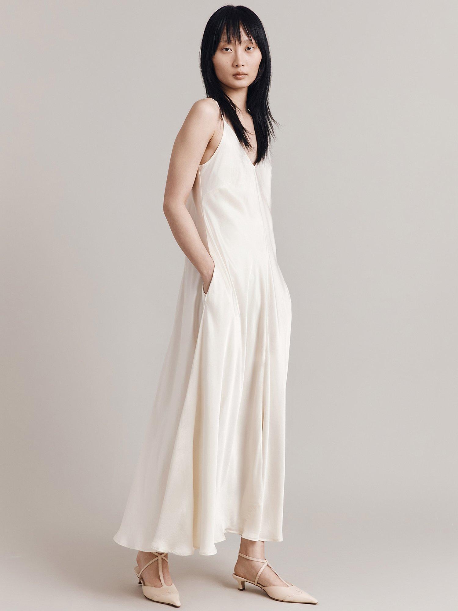 Product image 1 of 3, which shows Ghost Florrie A-Line Satin Slip Maxi Dress, Ivory, S