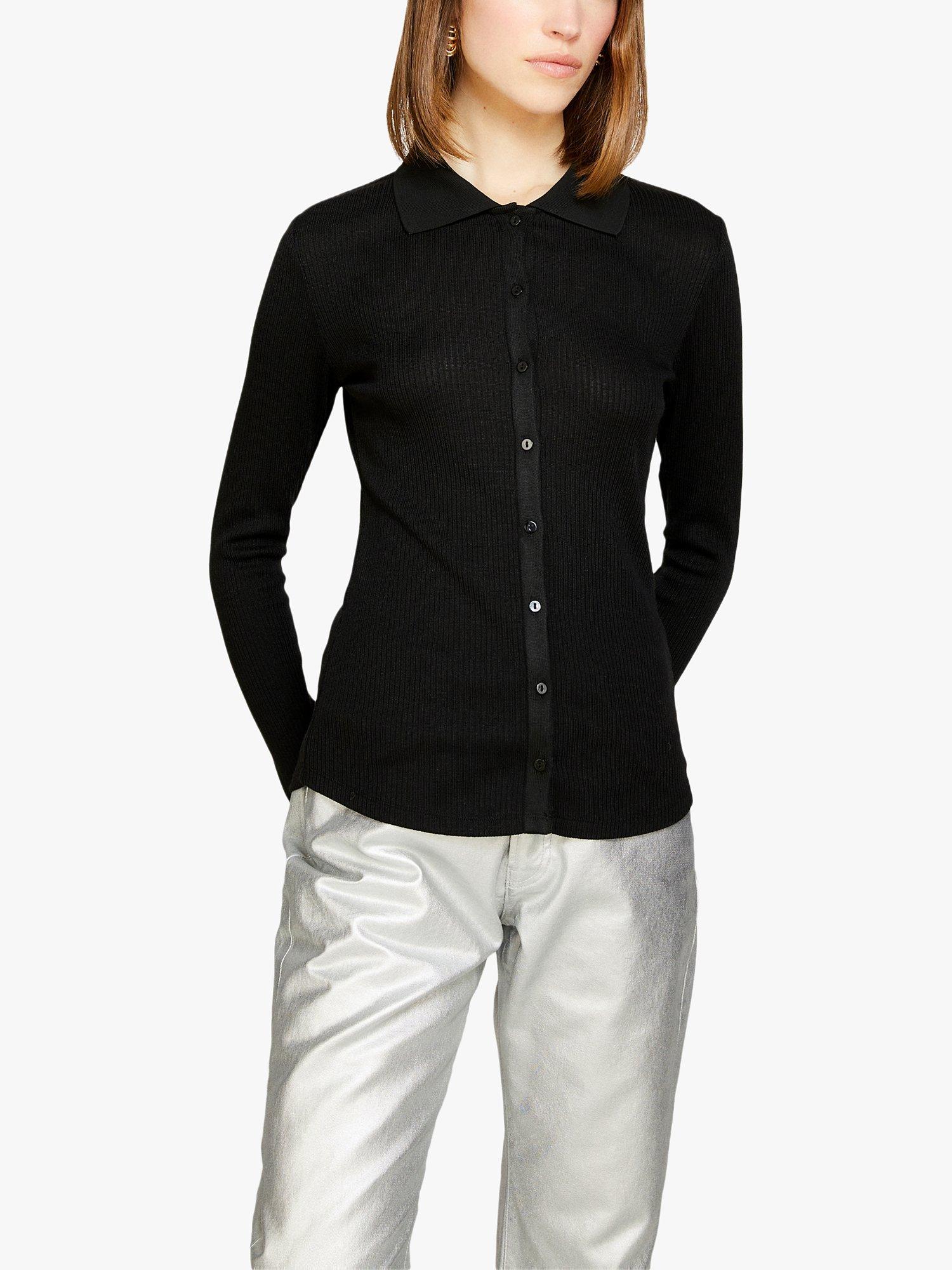 SISLEY Ribbed Button Through Collared Top, Black, L