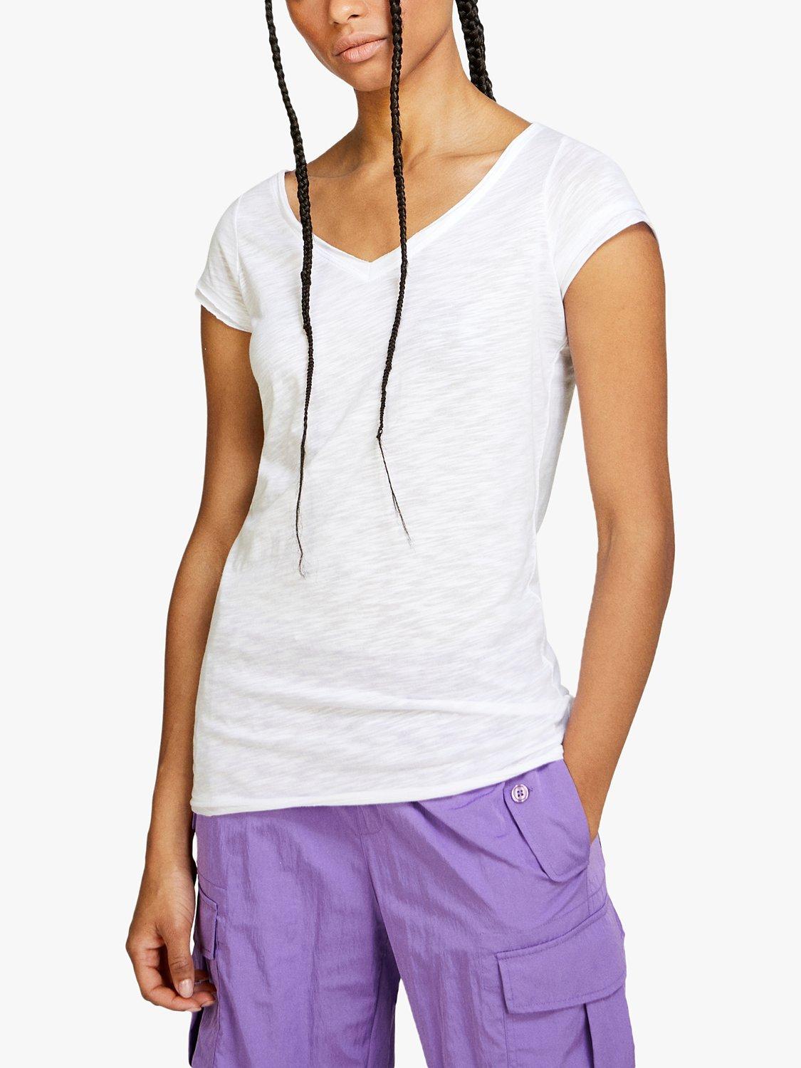 Product image 1 of 5, which shows SISLEY V-Neck Cotton Blend T-Shirt, White, XS
