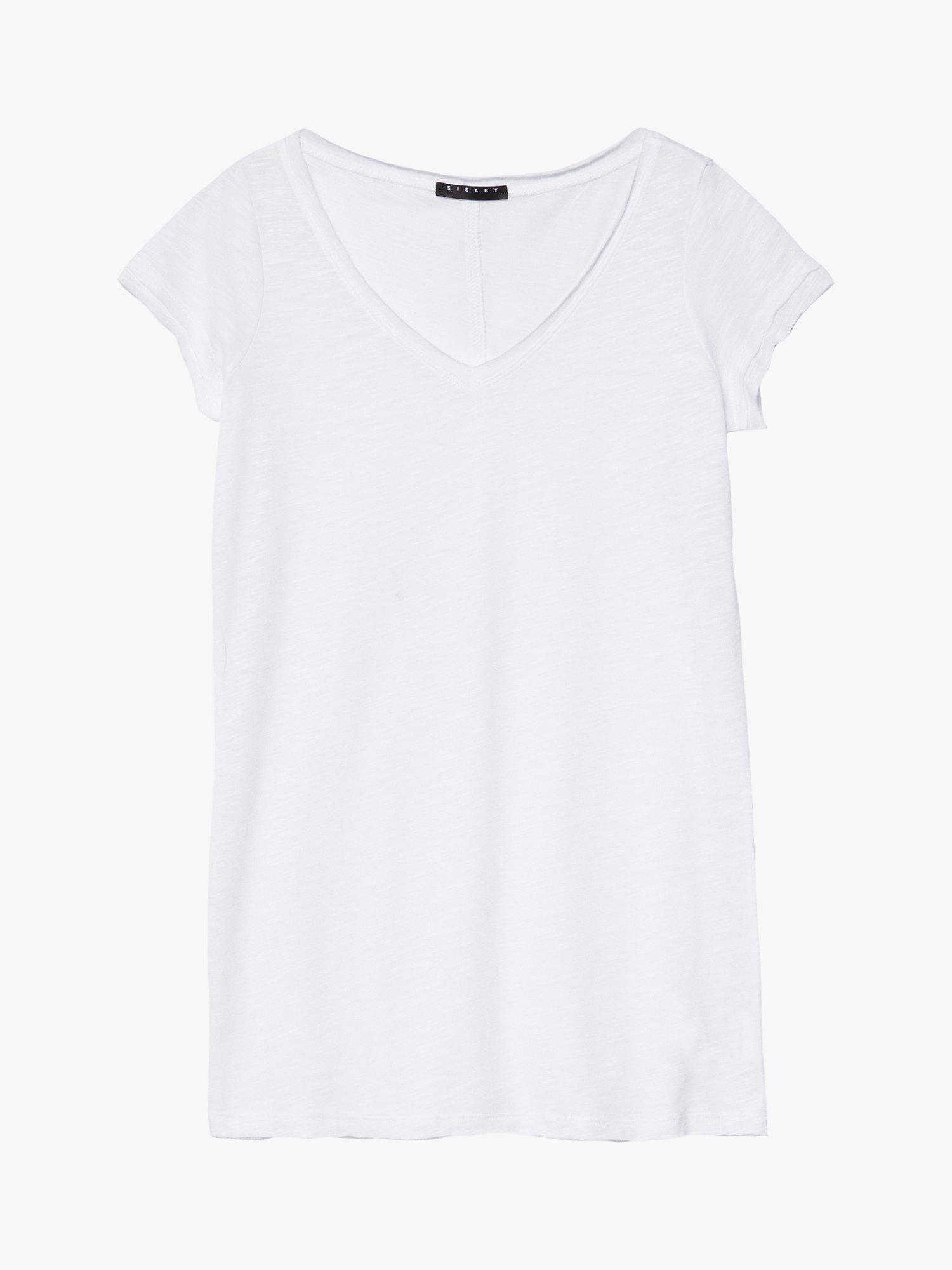 Product image 5 of 5, which shows SISLEY V-Neck Cotton Blend T-Shirt, White, XS
