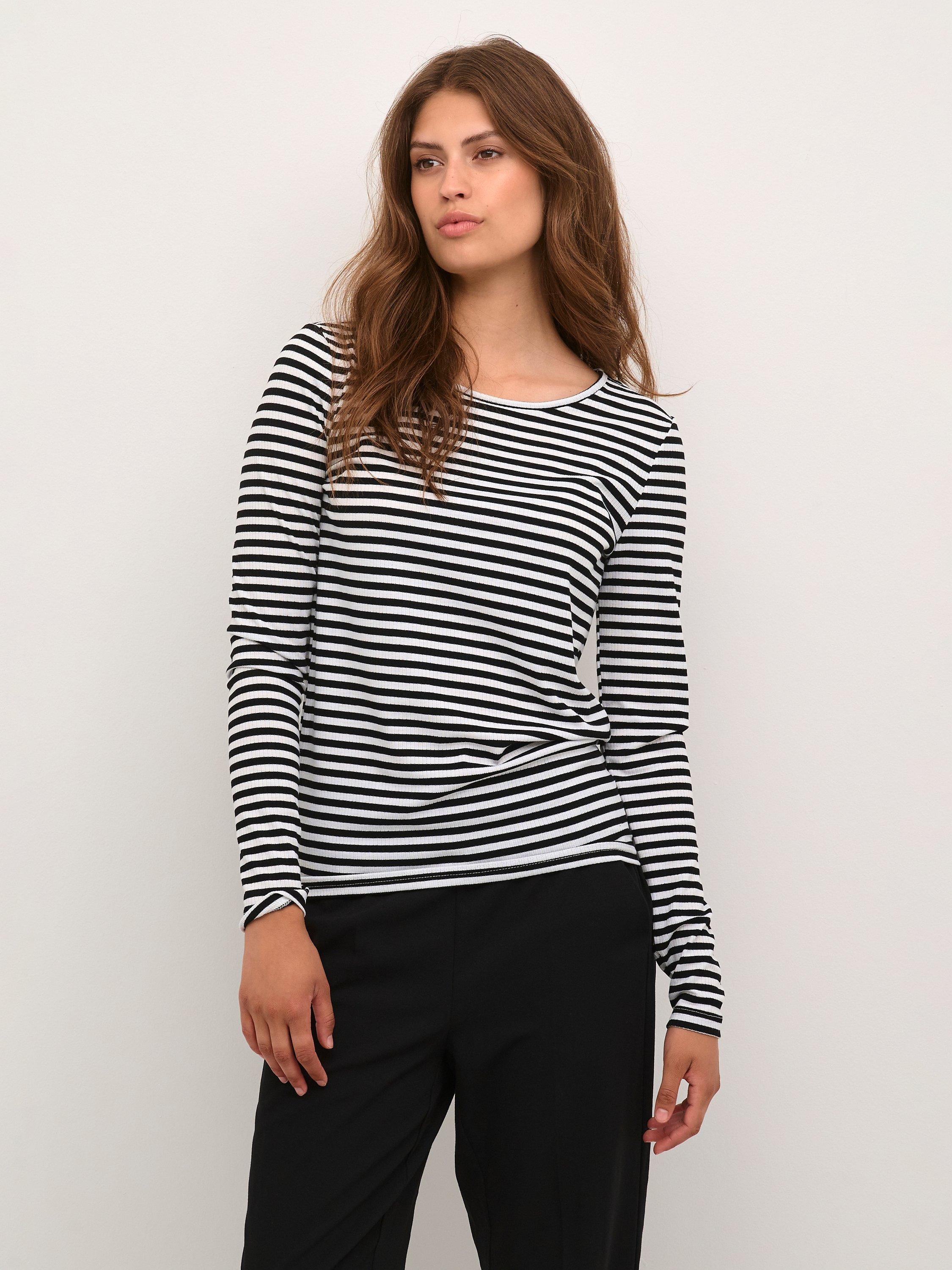 Product image 1 of 6, which shows KAFFE Benedikte Long Sleeve Striped T-Shirt, Black/Chalk Stripe, XS