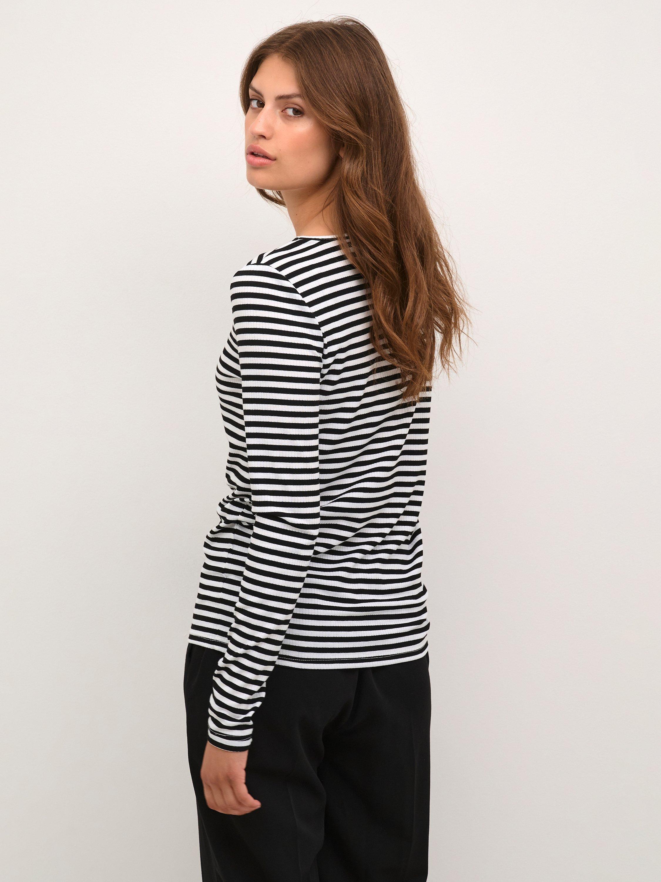 Product image 2 of 6, which shows KAFFE Benedikte Long Sleeve Striped T-Shirt, Black/Chalk Stripe, XS