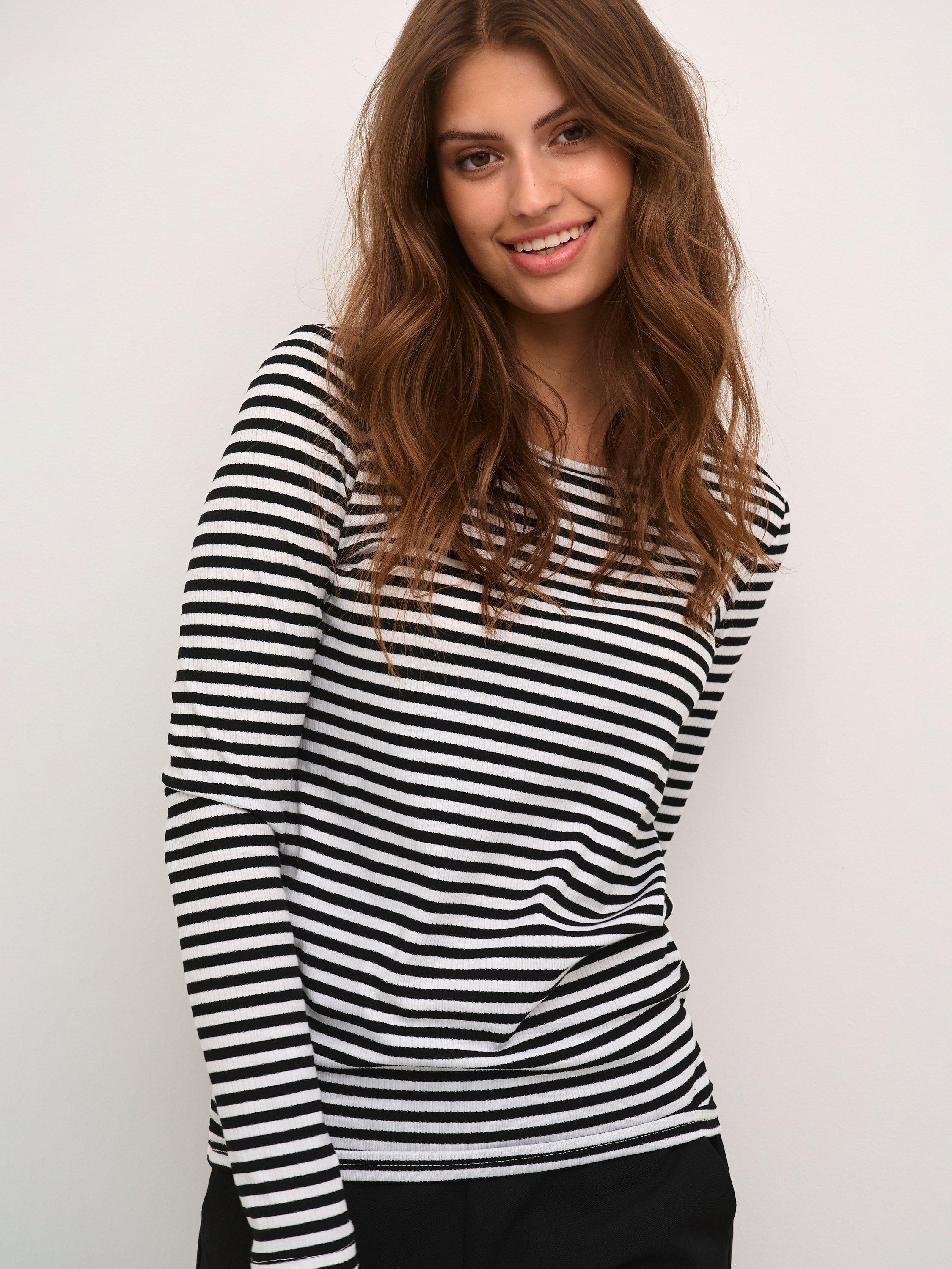 Product image 4 of 6, which shows KAFFE Benedikte Long Sleeve Striped T-Shirt, Black/Chalk Stripe, XS