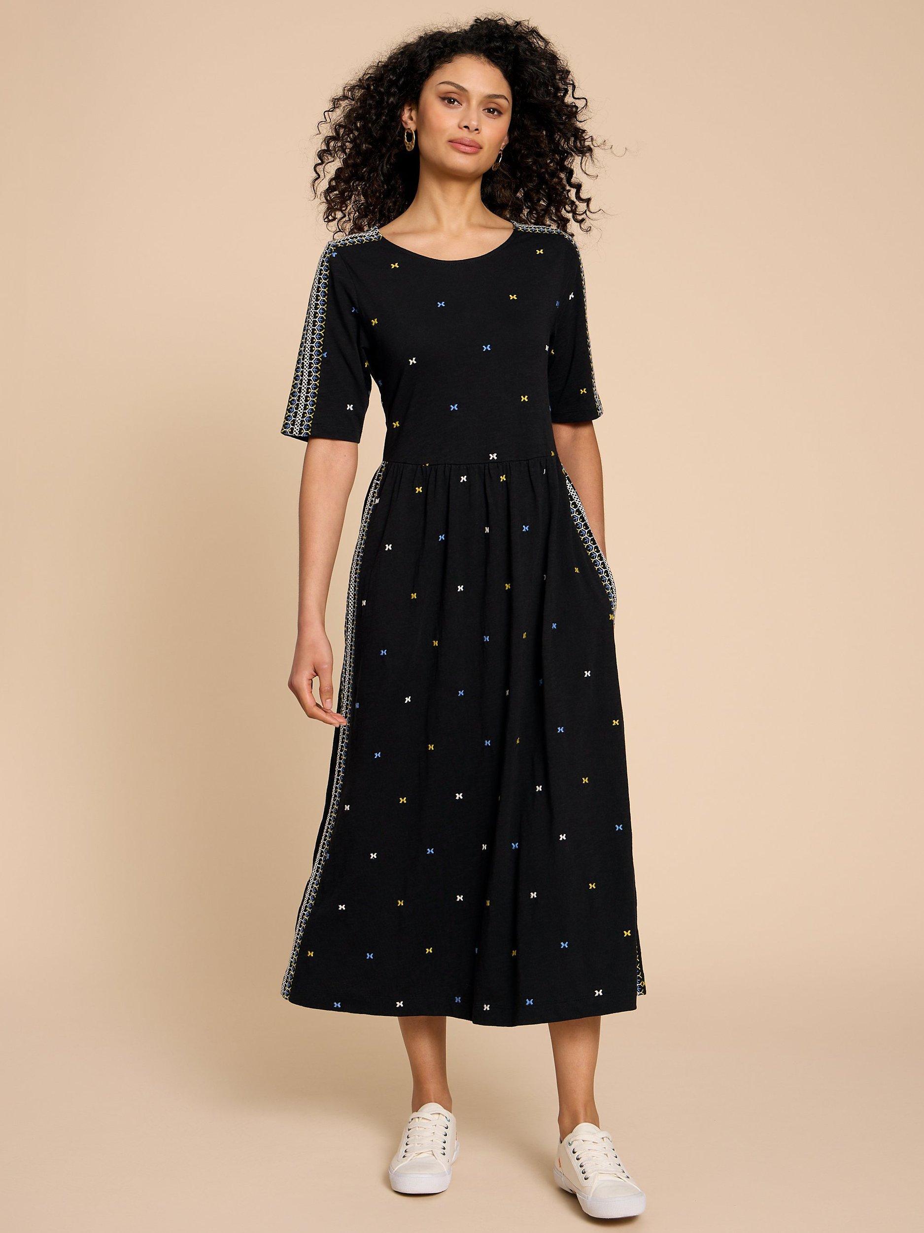 White Stuff Petite Addison Embroidered Midi Dress, Black/Multi
