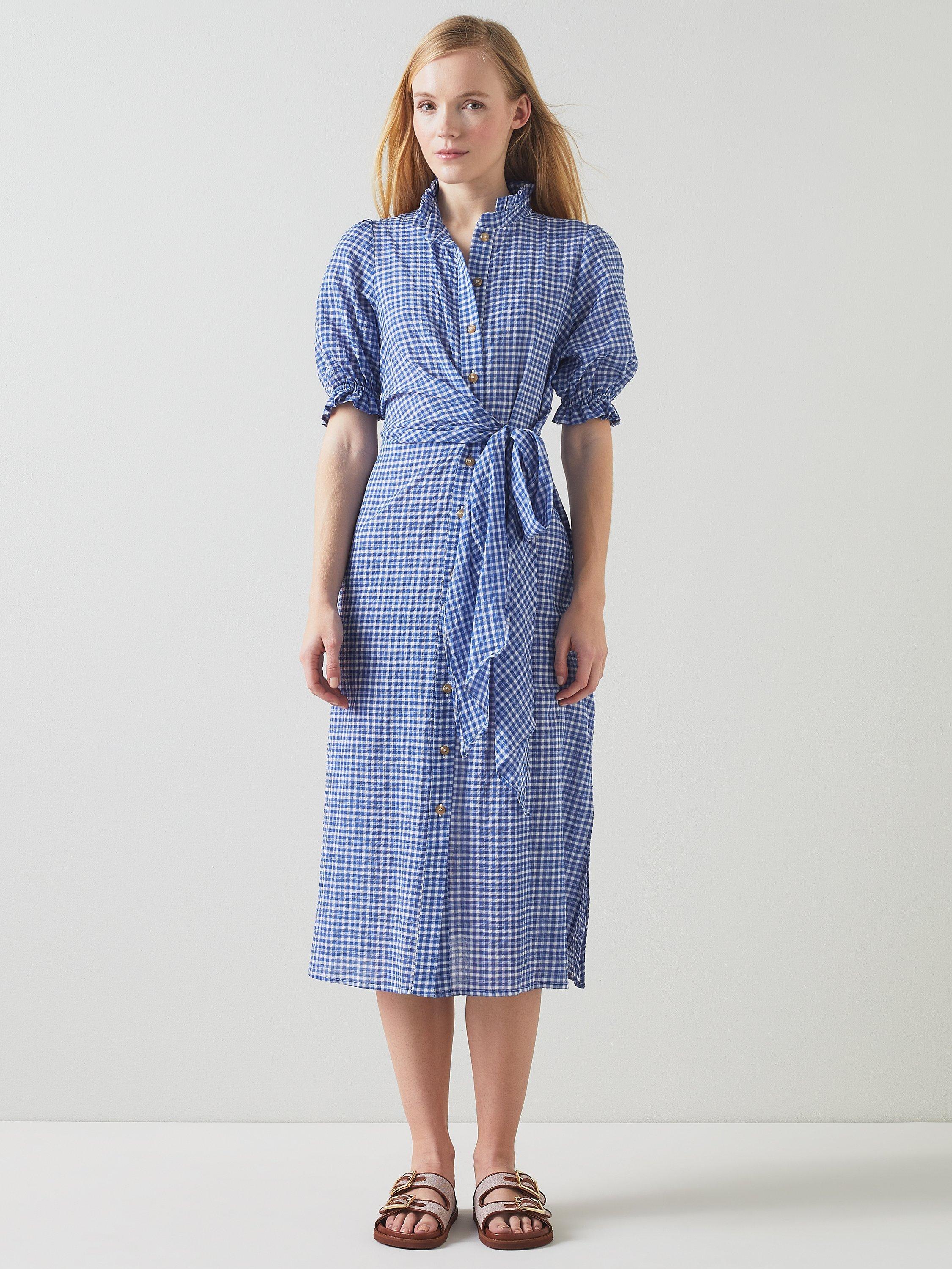 L.K.Bennett Soleil Seersucker Check Midi Shirt Dress, Blue/White