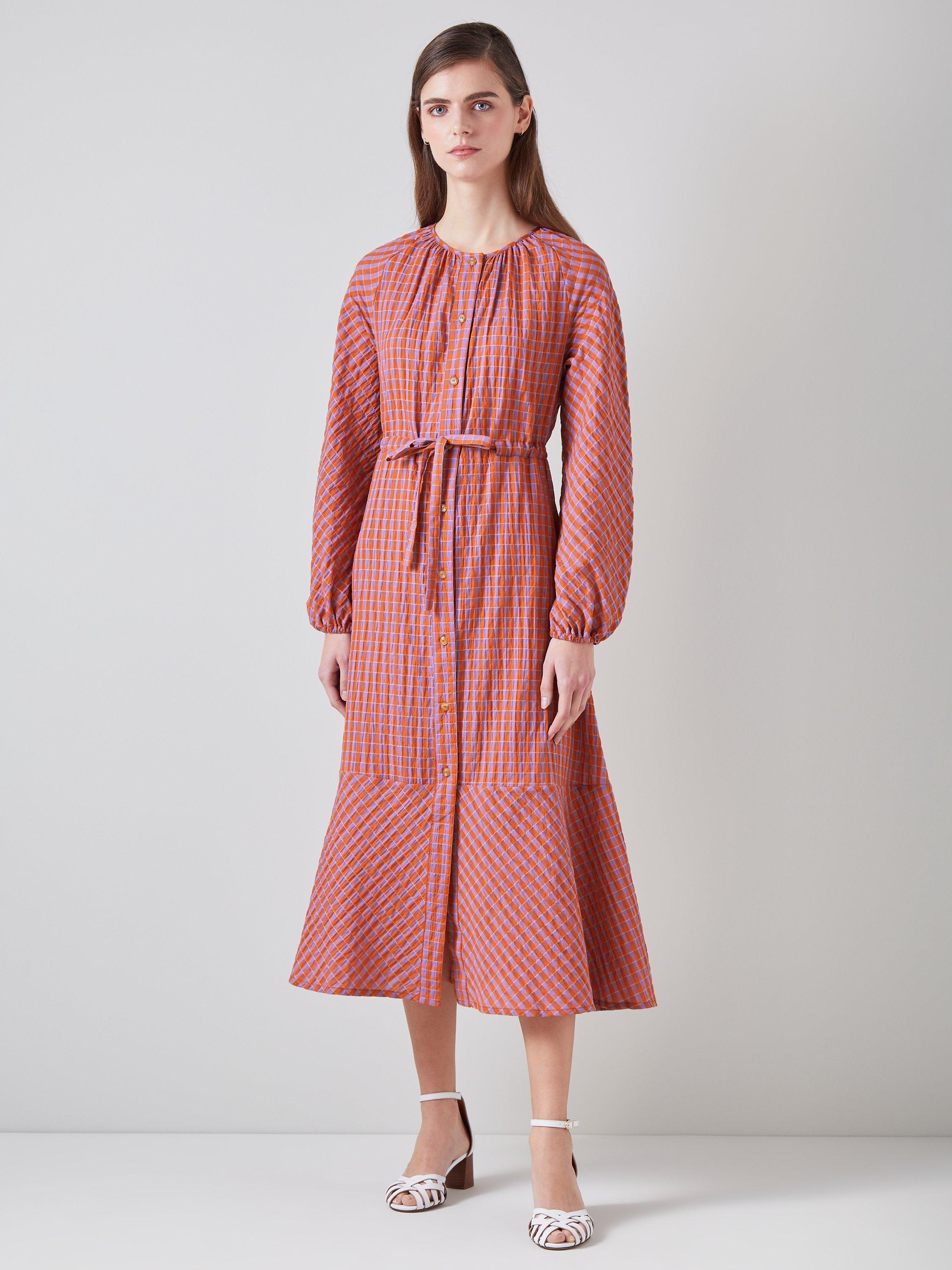 L.K.Bennett Sophie Seersucker Textured Check Midi Dress, Orange/Purple