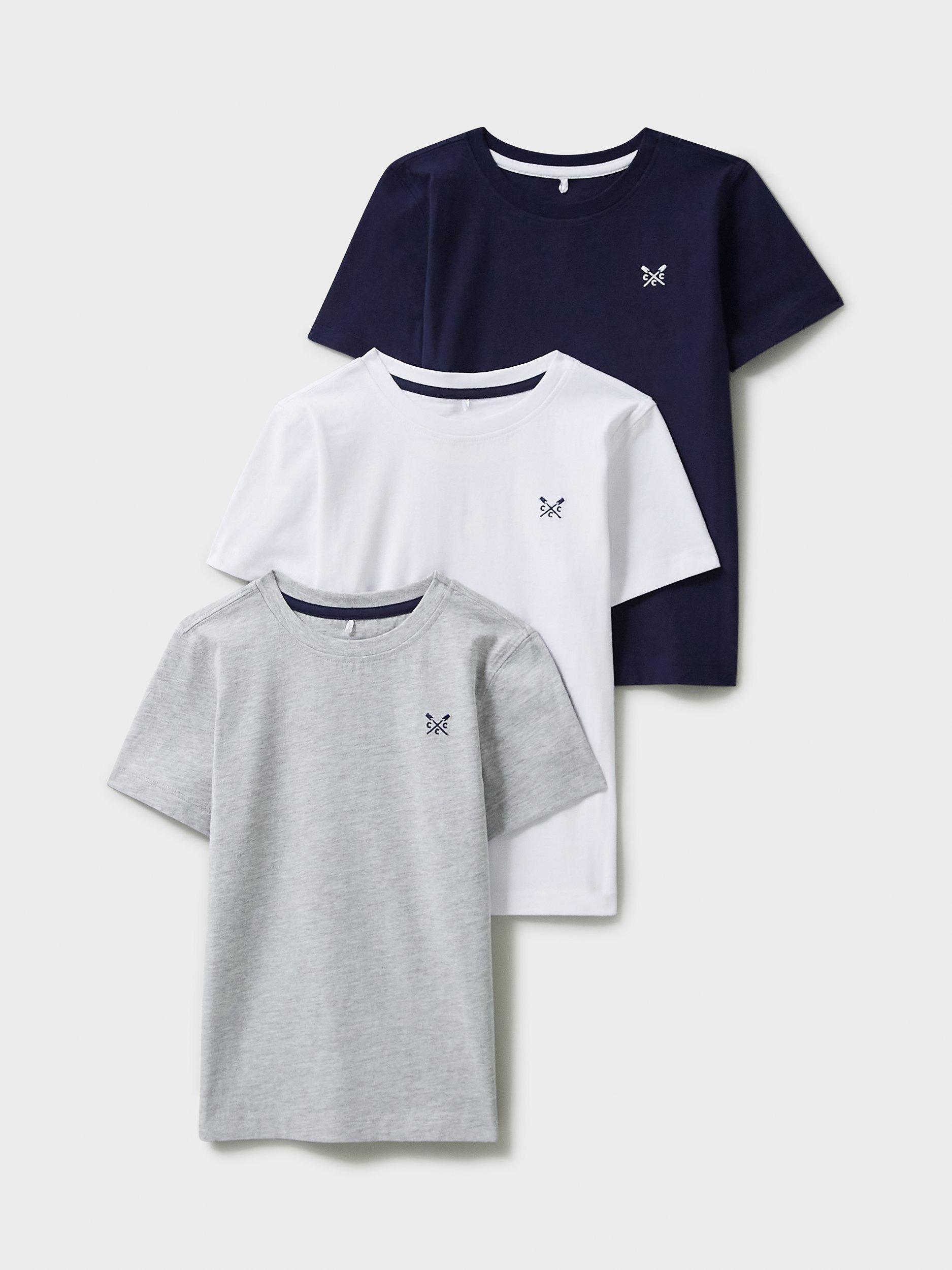 Crew Clothing Kids' Plain Cotton T-Shirts, Pack of 3, Grey/White/Navy, 3-4 years