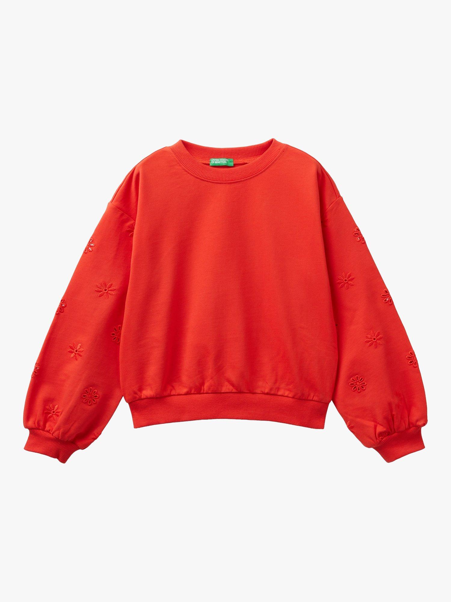 Benetton Kids' Cotton Floral Embroidered Sleeve Crew Neck Sweatshirt, Bright Red