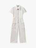 Benetton Kids' Zip Through Cargo Jumpsuit, White Cream