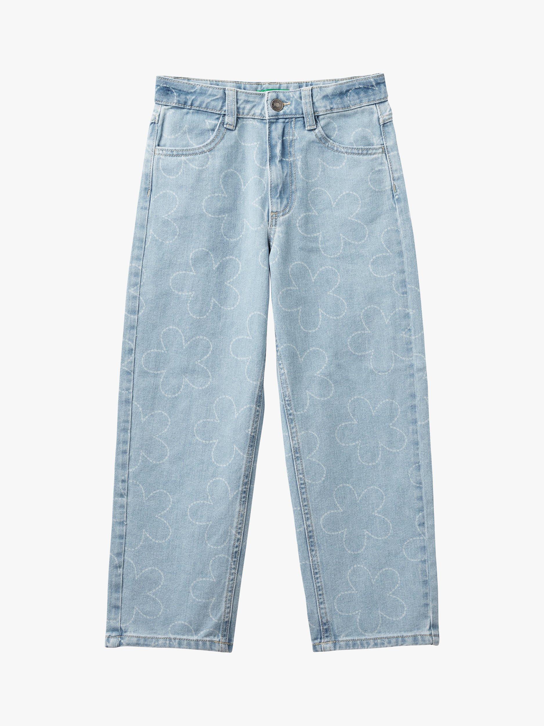 Benetton Kids' Floral Corrosion Print Denim Jeans, Blue
